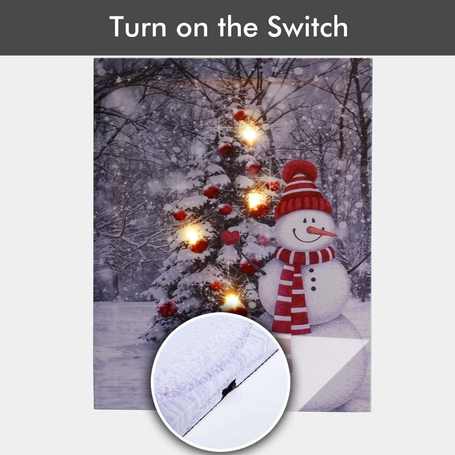 NIKKY HOME 12" x 16" Holiday LED Lighted Canvas Wall Art Prints with Snowman and Christmas Tree Picture Snow Covered Winter Scene Decor