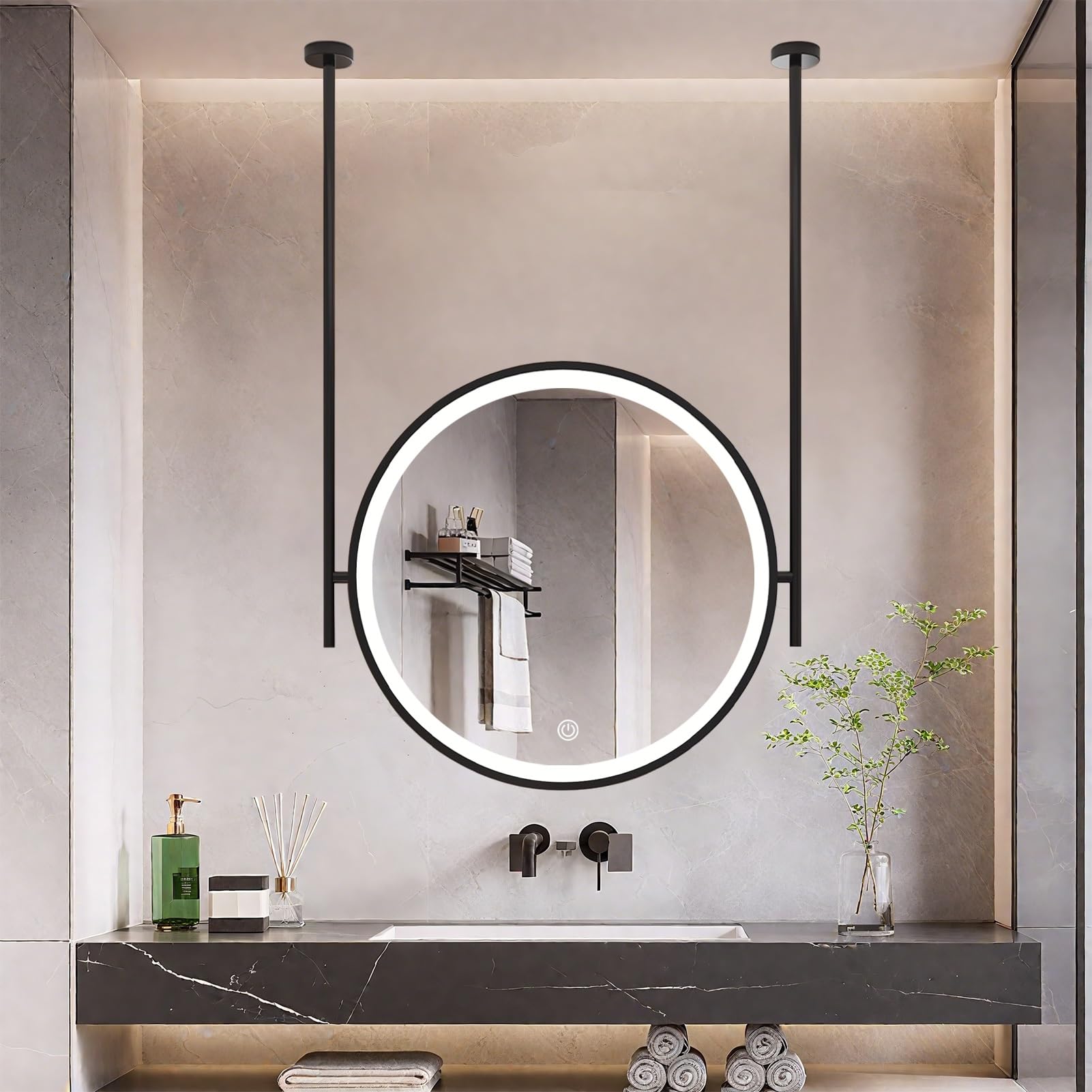 FGXHHS LED Round, Wall Mounted Circle Vanity with Light, Ceiling Decorative Metal Frame and Boom, Makeup Shaving Mirror(Diameter-50CM/19.7INCH)