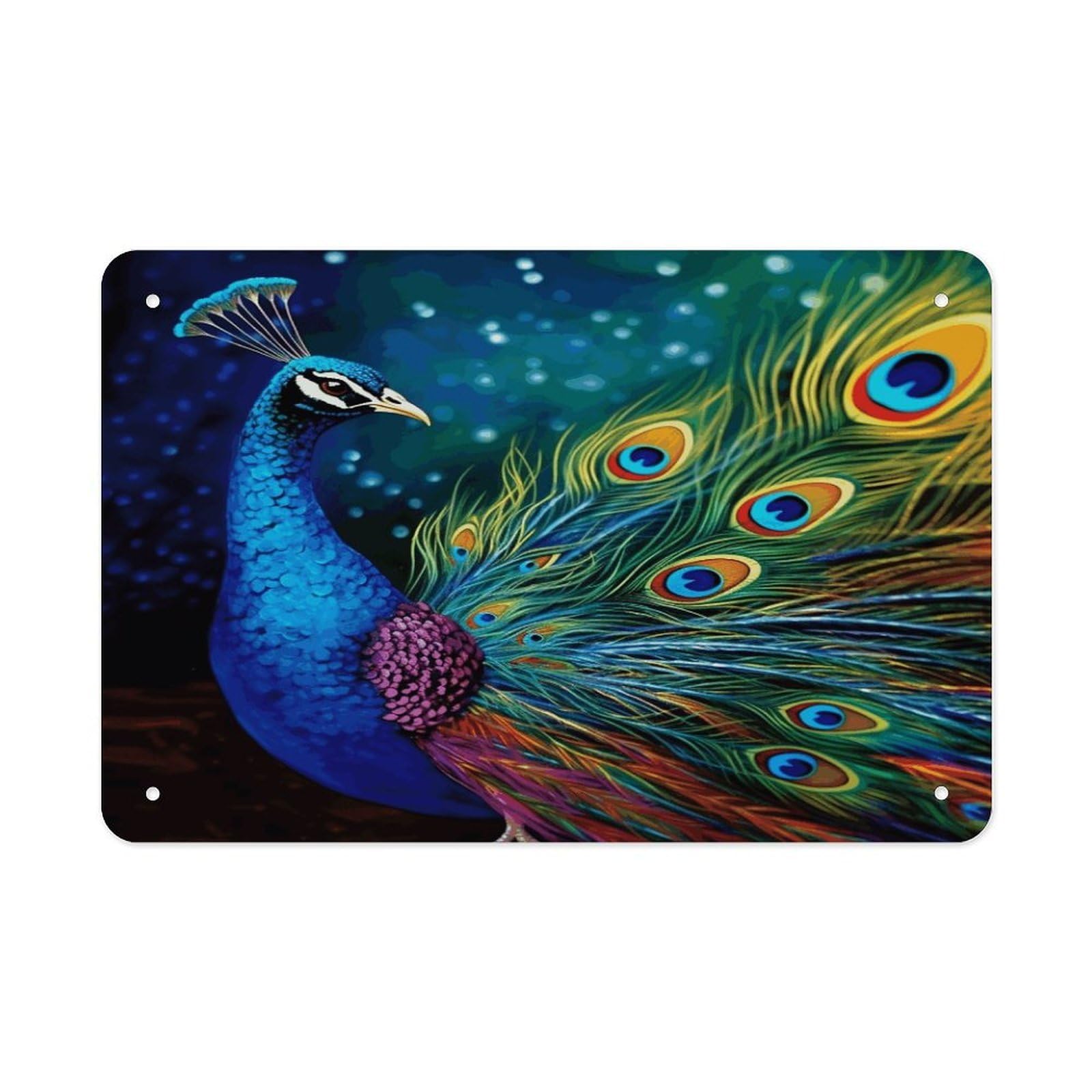 Colored Peacock Metal Tin Sign 12"x8" Wall Art Prints Poster Decorative Picture Metal Signboard Decor Painting Folded Edge Iron Sheet Painting with Holes for Wall Decor