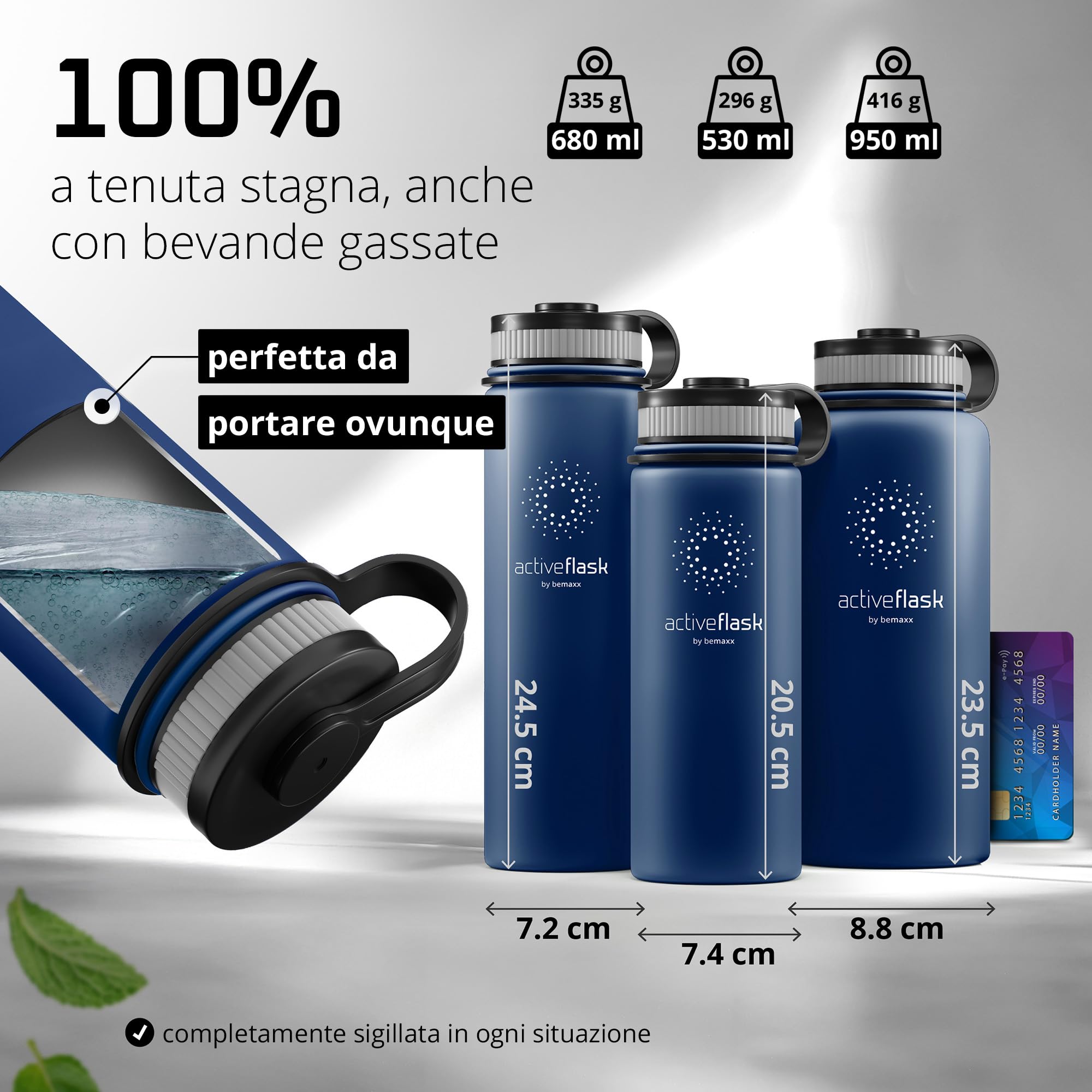 BeMaxx Borraccia Termica con Cannuccia ACTIVE FLASK 1 litro 750 ml 500ml (3 Tappi Infusore per Tè e Frutta), Senza BPA | Bottiglia Termica Acciaio Inox Isotermica - Palestra Sportiva Ufficio Fitness