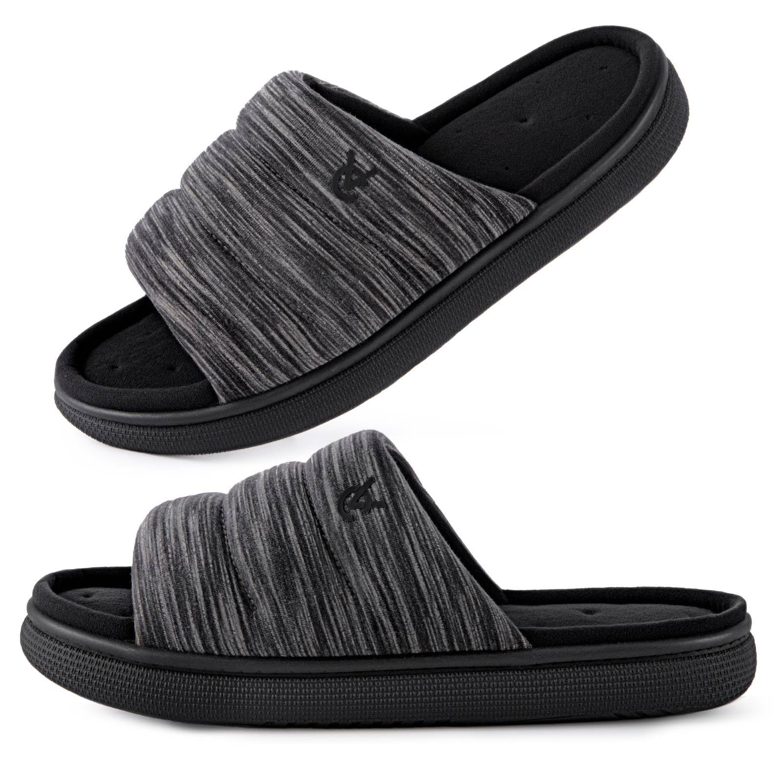 VeraCosy Mens Open-Toe Slippers Memory Foam Indoor Outdoor House Shoes for Men Black Speckle,11-12 US