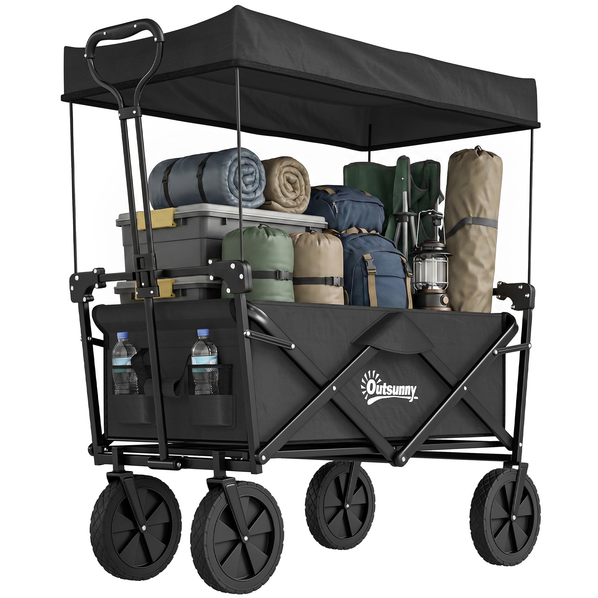 Outsunny Carrello da Giardino 110L con Maniglia Telescopica e Tettuccio, Carrello da Giardinaggio in Acciaio e Tessuto Oxford, Nero