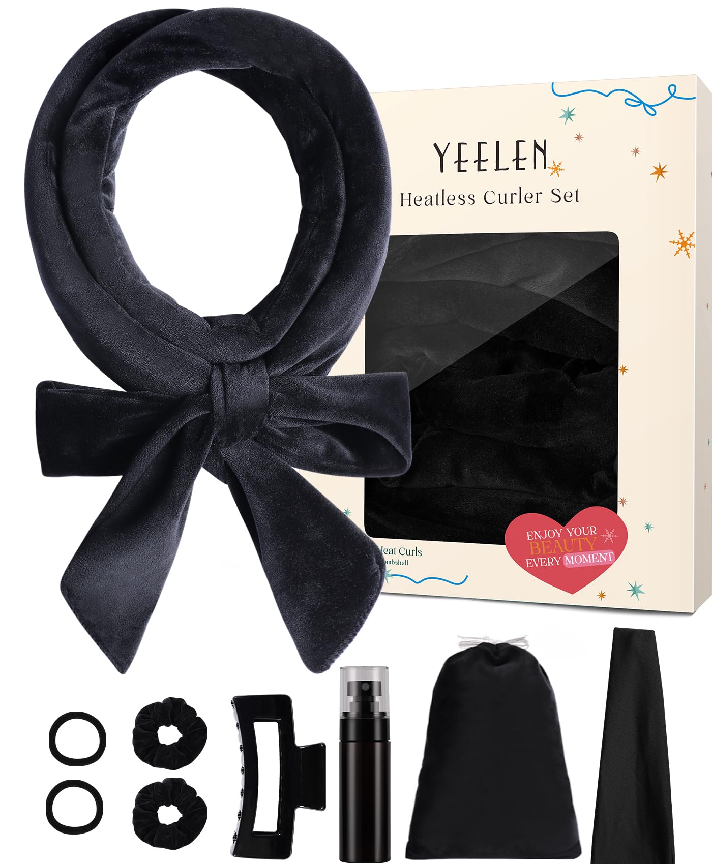 Overnight Heatless Curls Headband Set: Black Heat-Free Curling Rod for Long Hair - 71-inch Long Soft No Heat Curlers to Sleep In