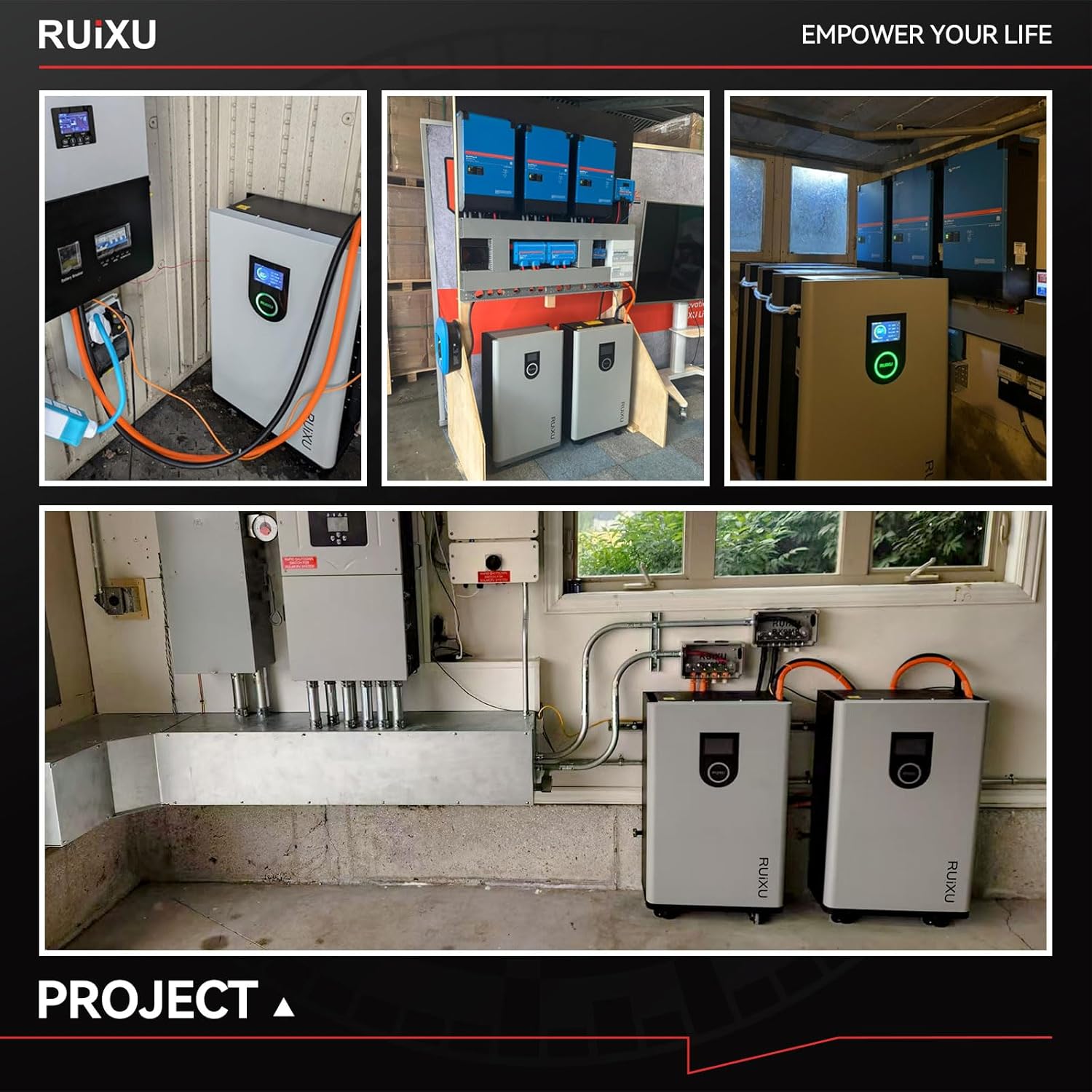 התקנה שונות למשלamples of the RUIXU Lithi2-16 Lifepo4 Battery in different project settings.