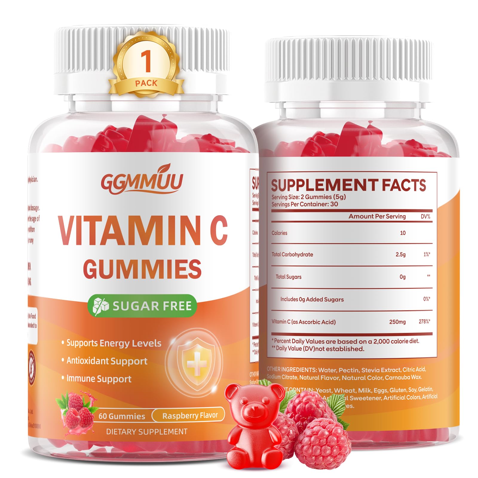 Vitamin C Gummies 250mg for Adults & Kids, Sugar-Free, 60 Count
