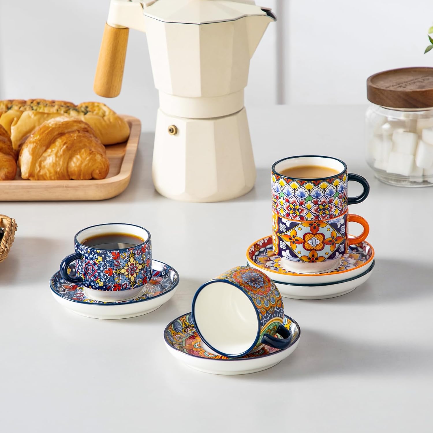 vancasso 2.5 Oz Stackable Espresso Cups with Saucers and Metal Stand Set of 4,Bohemian Ceramic Cappuccino Cups - Microwave and Dishwasher Safe, Perfect For Tea, Espresso, Latte, Cafe-01 - Image 8