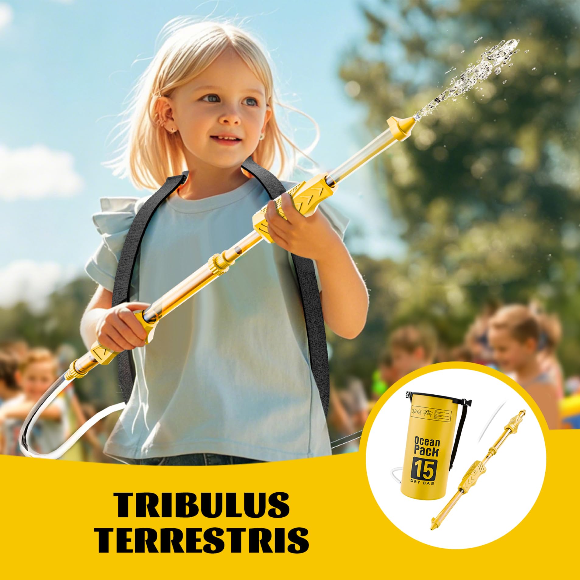 Pistolas de agua para niños, pistola de agua de largo alcance con tanque de mochila (15 L), color amarillo, PVC, juguetes de verano para playa, piscina, patio y exterior. Pistola de con tanq