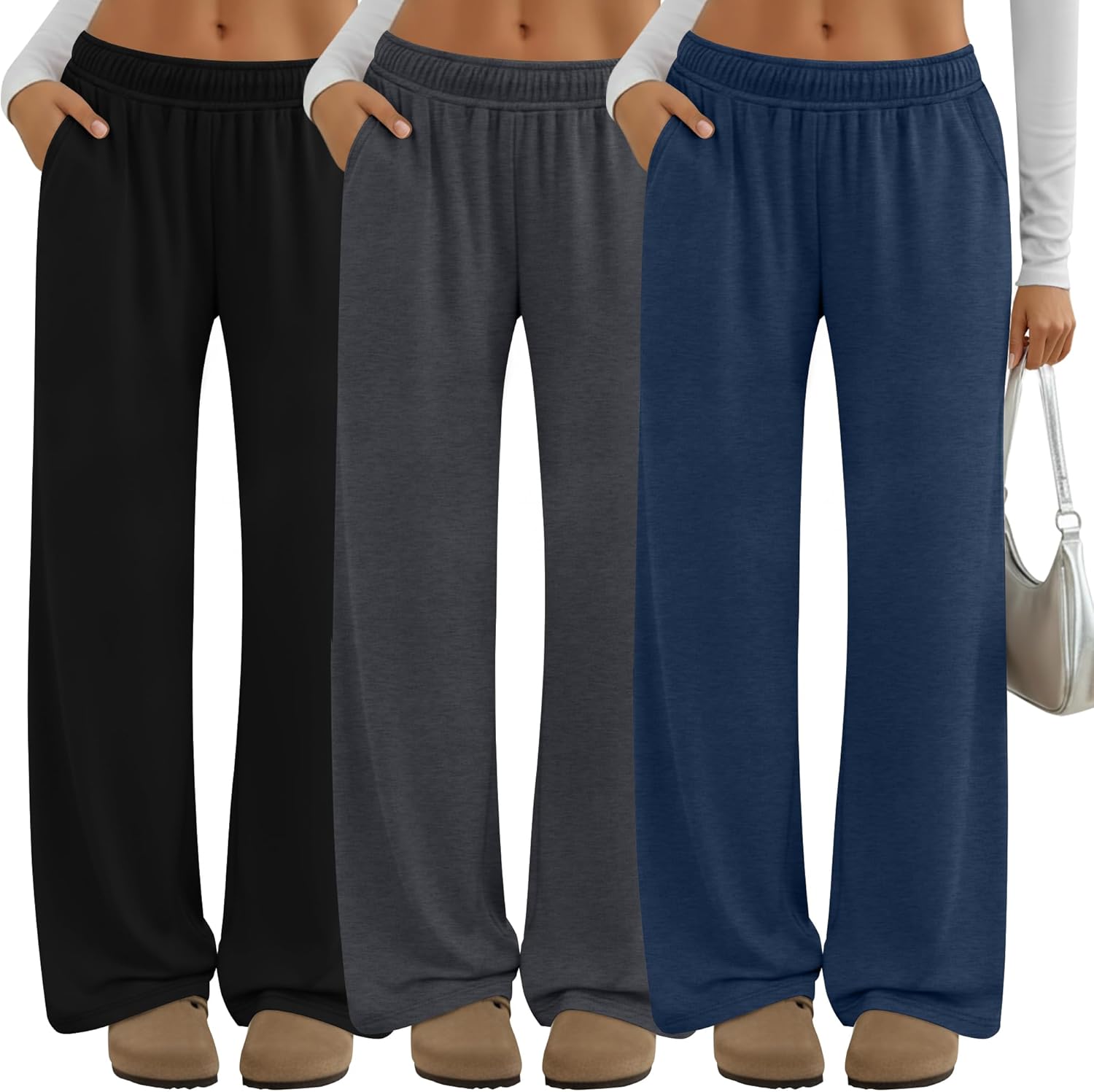 Neer 3 Pack Women's Lounge Pants Wide Leg Yoga Built in Drawstring High Waisted Casual Comfy Baggy Sweatpants with Pockets