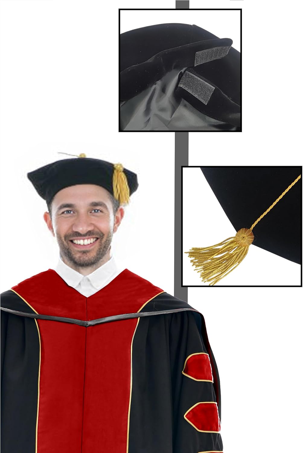 Deluxe Graduation Doctoral Gown Doctoral Hood and Tam 8 Sided Package with Gold Piping Doctoral Regalia