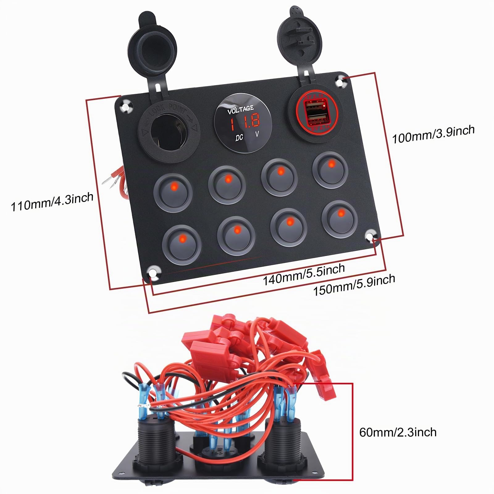 KAOLALI 8 Gang Panneau de Commutation à Bascule 12V/24V, Rouge LED Étanche | Interrupteur à Bascule Étanche, 4,2 A Double Chargeur USB, Affichage Numérique, pour Voiture, Marine, Bateau, Camping-Car