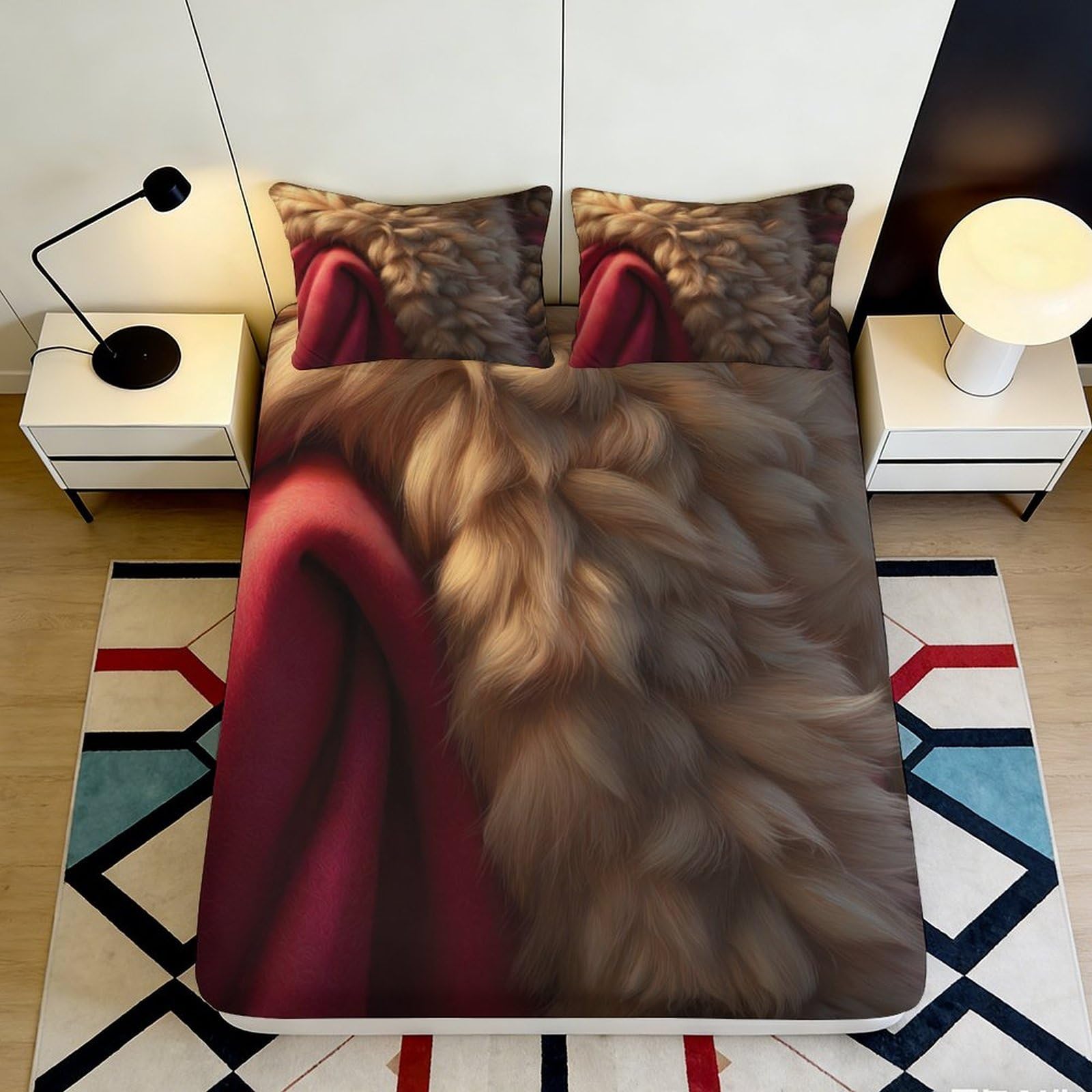 3D Printed Lion Mane Fitted Sheet Microfiber Soft Red Blanket Bed Cover Anti-Slip for Bedroom Guestroom Decor 90x200x25cm