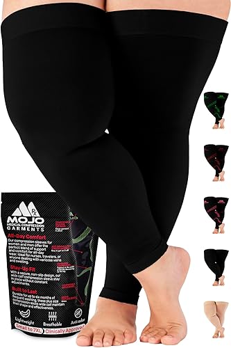 Mojo Compression Socks - 20-30mmHg Graduated Support Thigh-Hi Leg Sleeves with Grip Top - 10 Sizes, 5 Colors - Reduces Swelling, Ideal for Varicose Veins, Lymphedema, DVT Treatment - 1 Pair - Black - Small