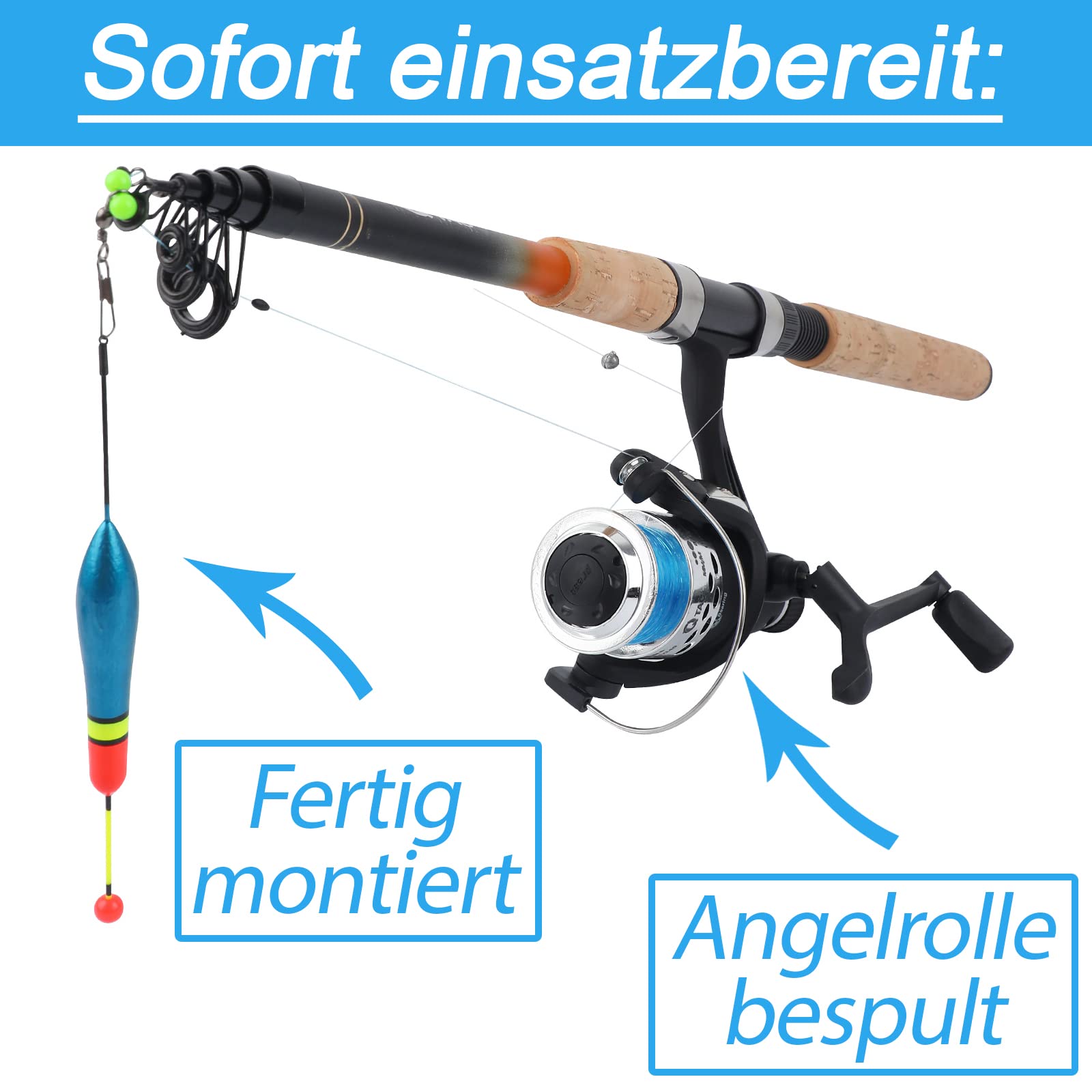 Angelset Forelle/Barsch mit Kescher [Angelfertig montiert & Angelrolle bespult] Länge Teleskoprute 2.10m, Angel Set komplett Profi & Einsteiger, Starter-Set für Forellen Angeln