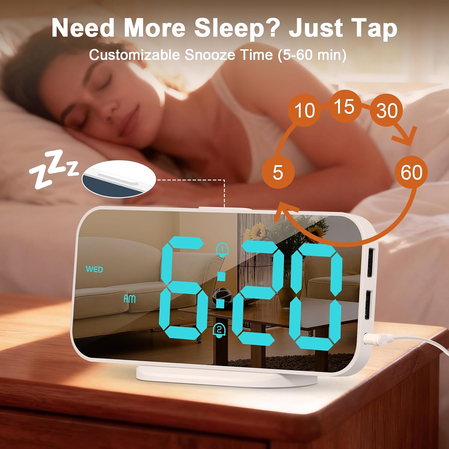 ALANAS Slim Digital Alarm Clock, Big Mirror Display with Dual USB Charger Ports, Dual Alarms, Snooze, 4-Level Adjustable Dimmer, for Bedroom, Office, Desk, Dorm, College Students, Home (Blue)