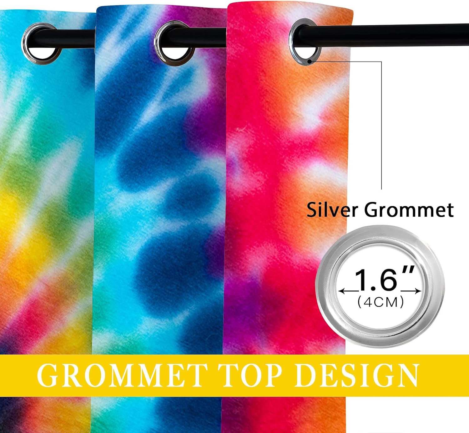 Tie Dye Blackout Curtains for Girls Boy Home Decor, Abstract Kids Colorful Rainbow Gypsy Grommet Thermal Insulated Drapes Darkening Window Curtain for Bedroom Living Room, 55 x 63 Inch