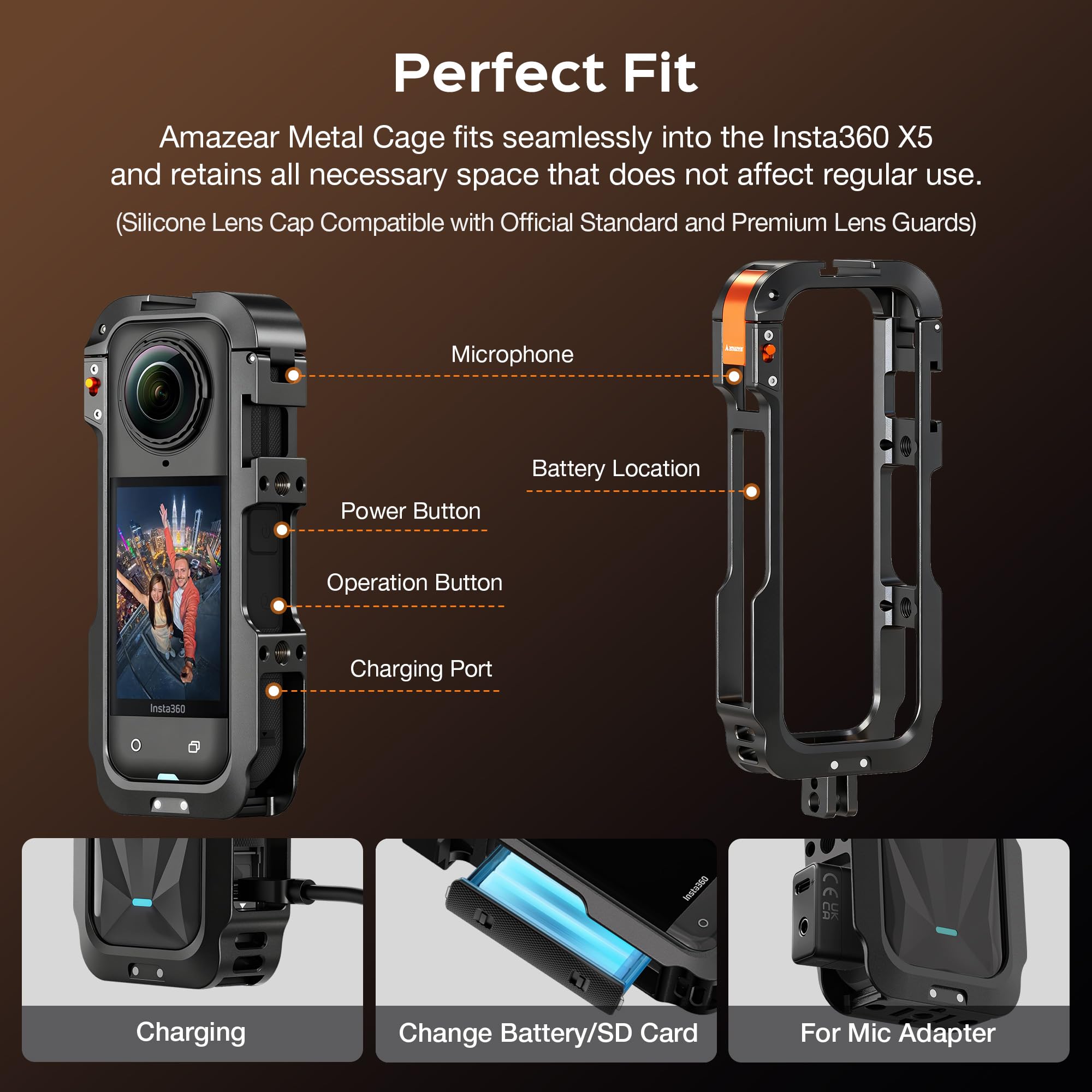 Amazear Custodia protettiva in metallo per accessori Insta360 X5, telaio multifunzione Insta 360 X5, struttura in alluminio con blocco a sgancio rapido, vari supporti di espansione