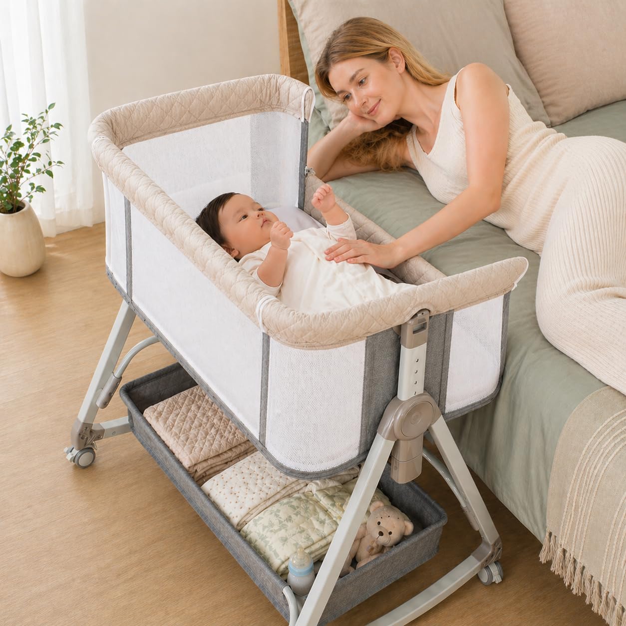 Amazon.co.jp: ベビーベッド 添い寝ベッド グレー 乳児用ベッド 多機能
