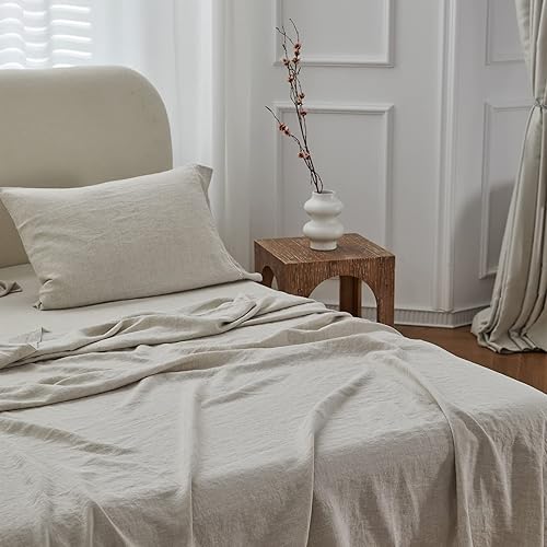 Miniatura 9 de Simple&Opulence Juego de sábanas de lino 100% de lino con punto de vainica, 4 piezas de lino europeo puro lavado (1 sábana encimera, 1 sábana