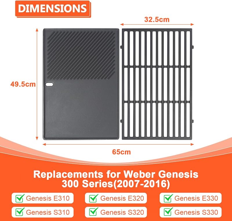 GFTIME 49,5 cm öntöttvas grillrács Weber Genesis E/S/EP/CEP 310/320/330 gázgrillhez