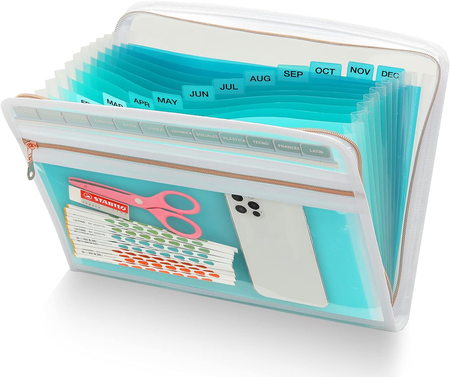 H4D 13 Pocket Expanding File Folder Organizer with Front Clear Pounch, Accordion File Organizer with Zipper Clourse, Expandable Filing Folders for Documents, Papers Letter Size, Teal
