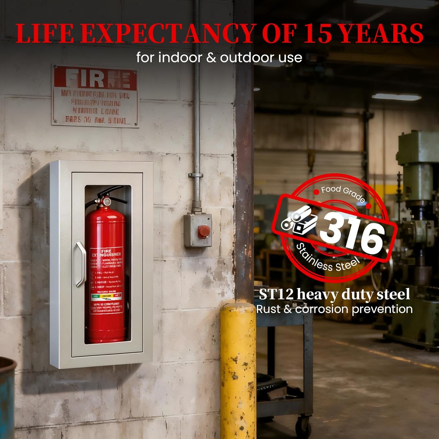 Semi Recessed Fire Extinguisher Cabinet|St12 Steel Fire Extinguishers Box with Magnetic Door|White Fire Extinguisher Mount with Acrylic Window for 5-10 lb Extinguishers(Extinguisher Not Included)