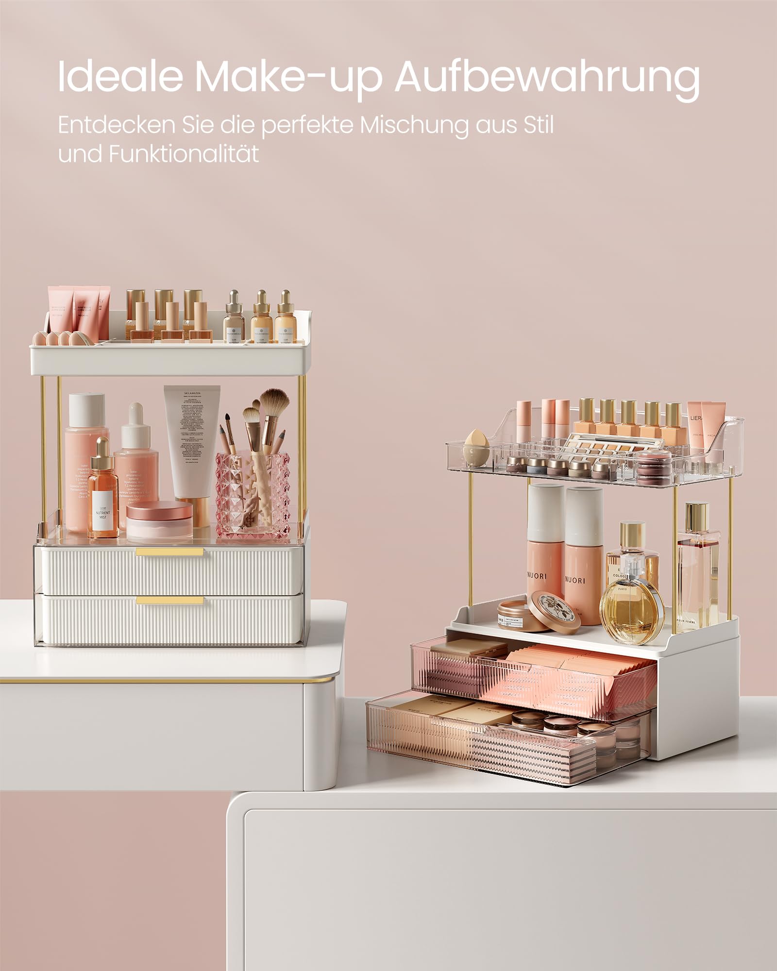 SONGMICS Make-up Organizer 4 Ebenen, Kosmetik-Organizer, 4 Trennwände, Make-up Box für Schminktisch, rutschfest, Badezimmer, Schlafzimmer, Küche, 20 x 32 x 39,1 cm, wolkenweiß JKA021W01 | Hautpflege-Organizer, 20 x 32 x 39,1 cm, Badezimmer-Theke, Waschtis