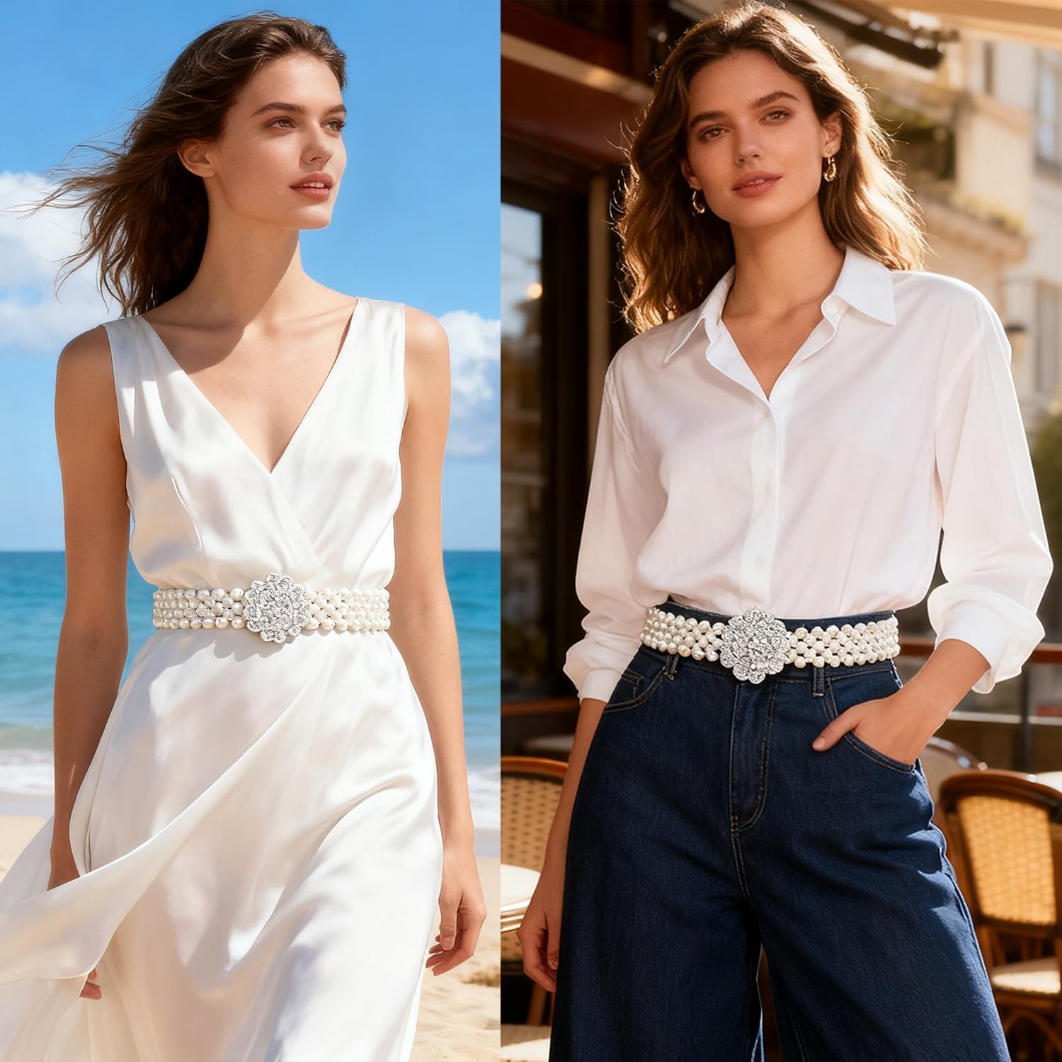 Barry.Wang Women’s Pearl Belt Elastic Waist Chain Belts Dress Jeans Bridal Bridesmaid Sexy Body White Wedding Beach Party - Image 3