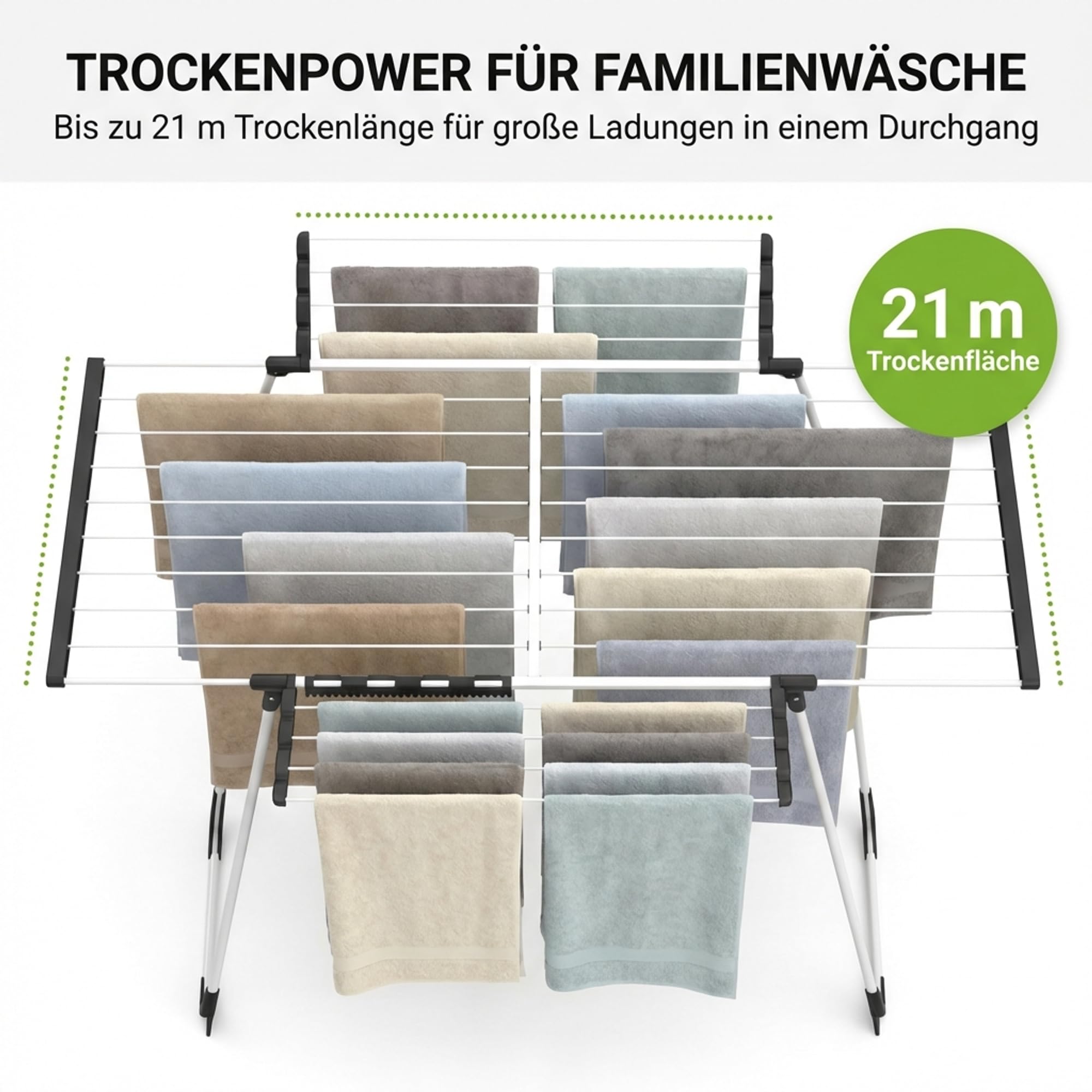 Gardissimo Ausziehbarer Wäscheständer Extend, 21 m Trockenfläche | Ausklappbare Flügel, Extra Dicke Leinen, Integrierte Rollen, Faltbar und Platzsparend