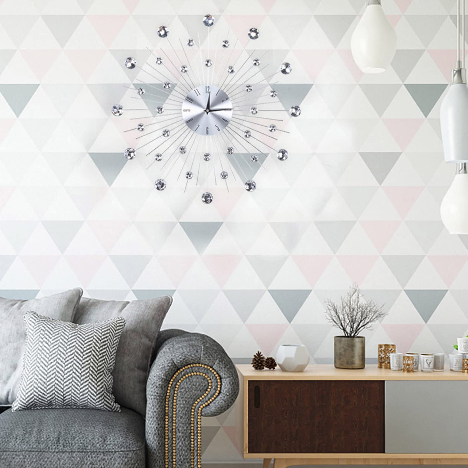 Reloj de Pared de Cristals, Reloj de Pared Brillante, Reloj Decorativo de Pared de Metal con Tachuelas de Diamante, Reloj de Decoración de Pared para Sala de Estar Dormitorio Oficina(Plata)