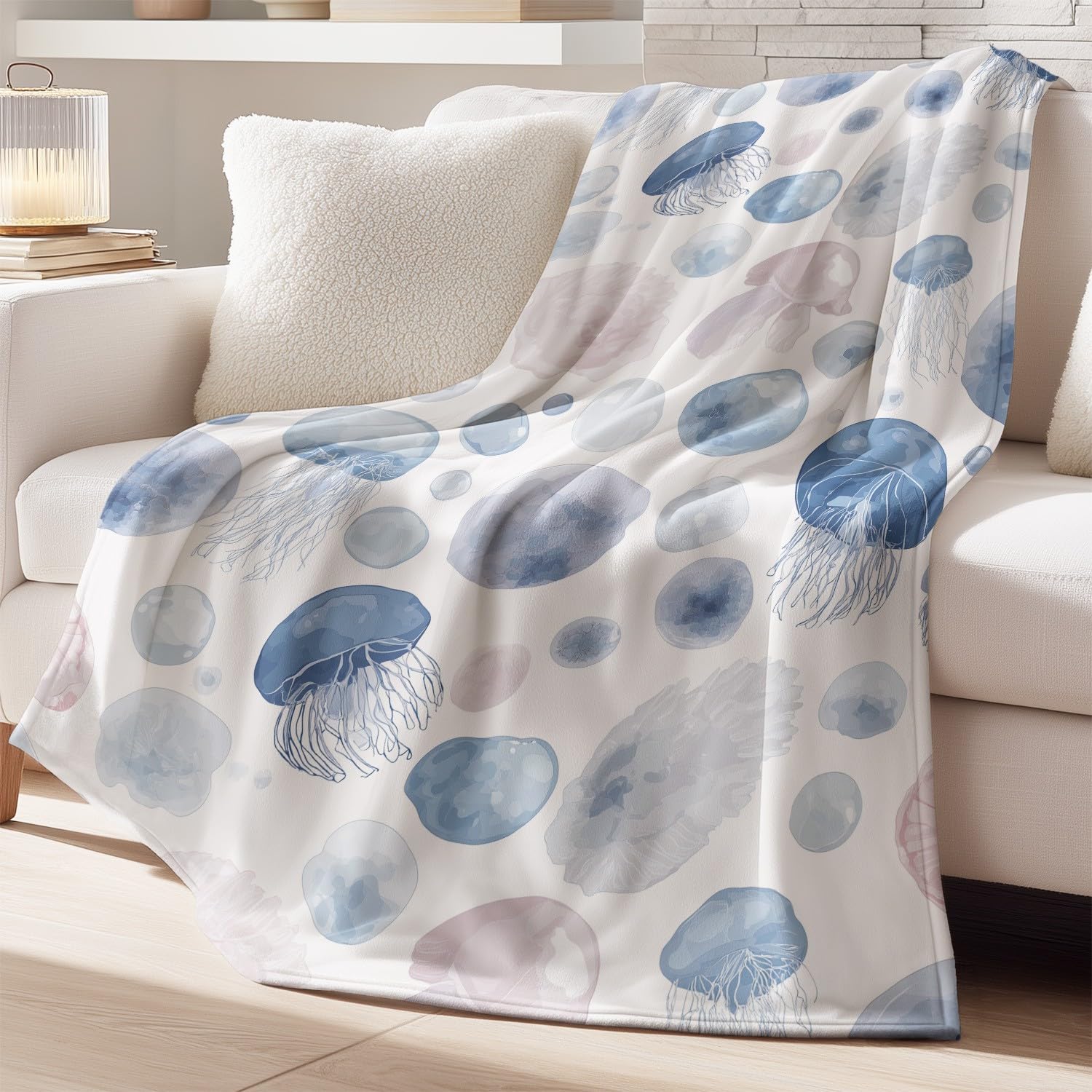 Générique Koc flanelowy w kratę 180 cm x 200 cm gruby ciepły jesienny koc polarowy, spokojny sen miękki świeży ocean morskie stworzenia puszyste lekkie koce