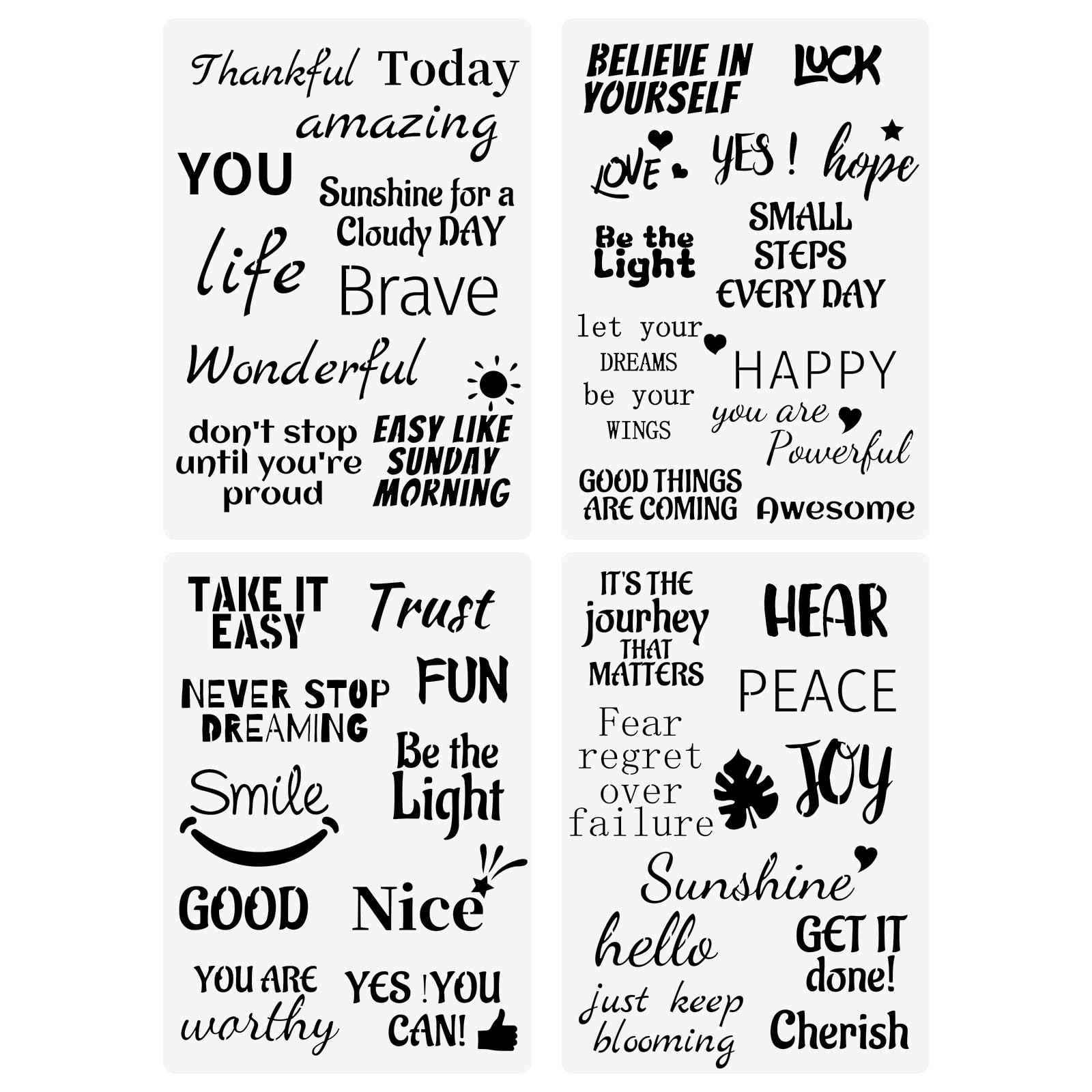 CIEMODA Inspirational Word Stencils,4 Pcs Words & Quote Templates 8 x 11.7 Inch Reusable Stencils for Painting on Wood, Fabric, Paper, Wall DIY Drawing Craft