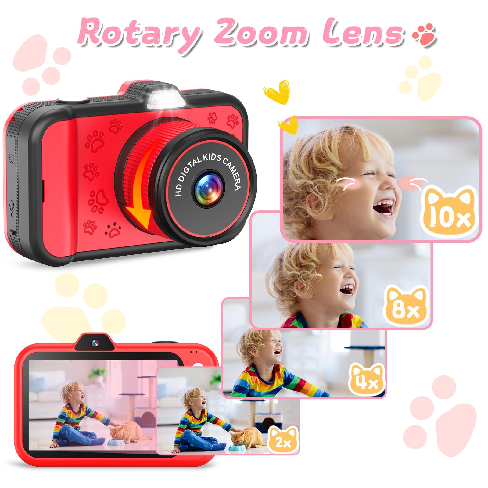 Cámara para niños, cámara digital para niños pequeños con lente de zoom giratorio, pantalla grande de 3.5 pulgadas, cámara de juguete 1080P para niños con flash, tarjeta de 32 GB, regalos de 3