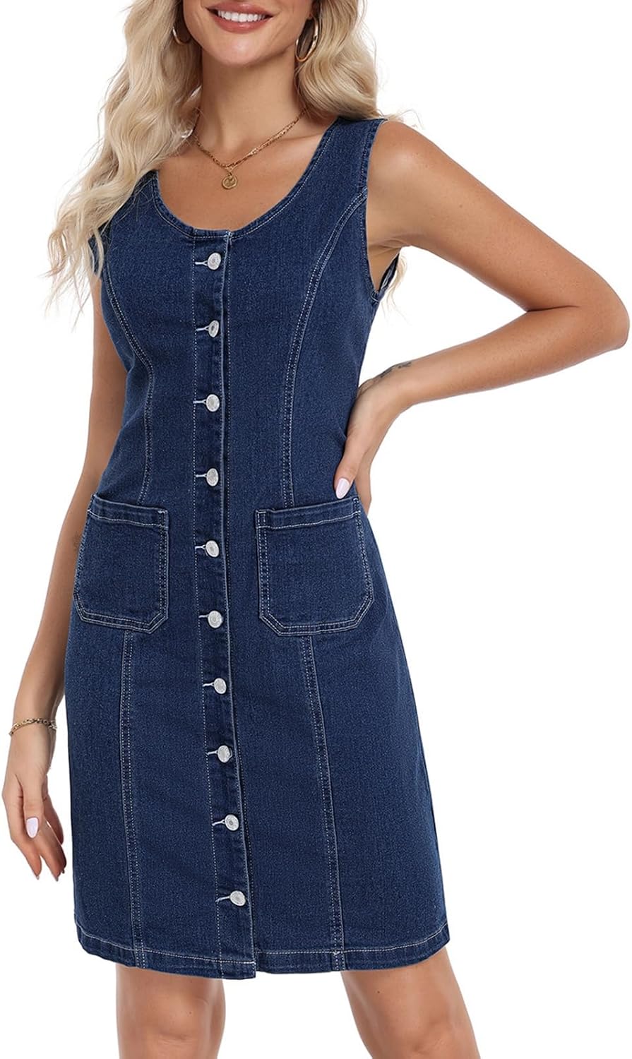 Vidifid Women's Denim Dress Sleeveless Stretchy Crewneck Vintage Button Down Jean Dresses with Patch Pocket