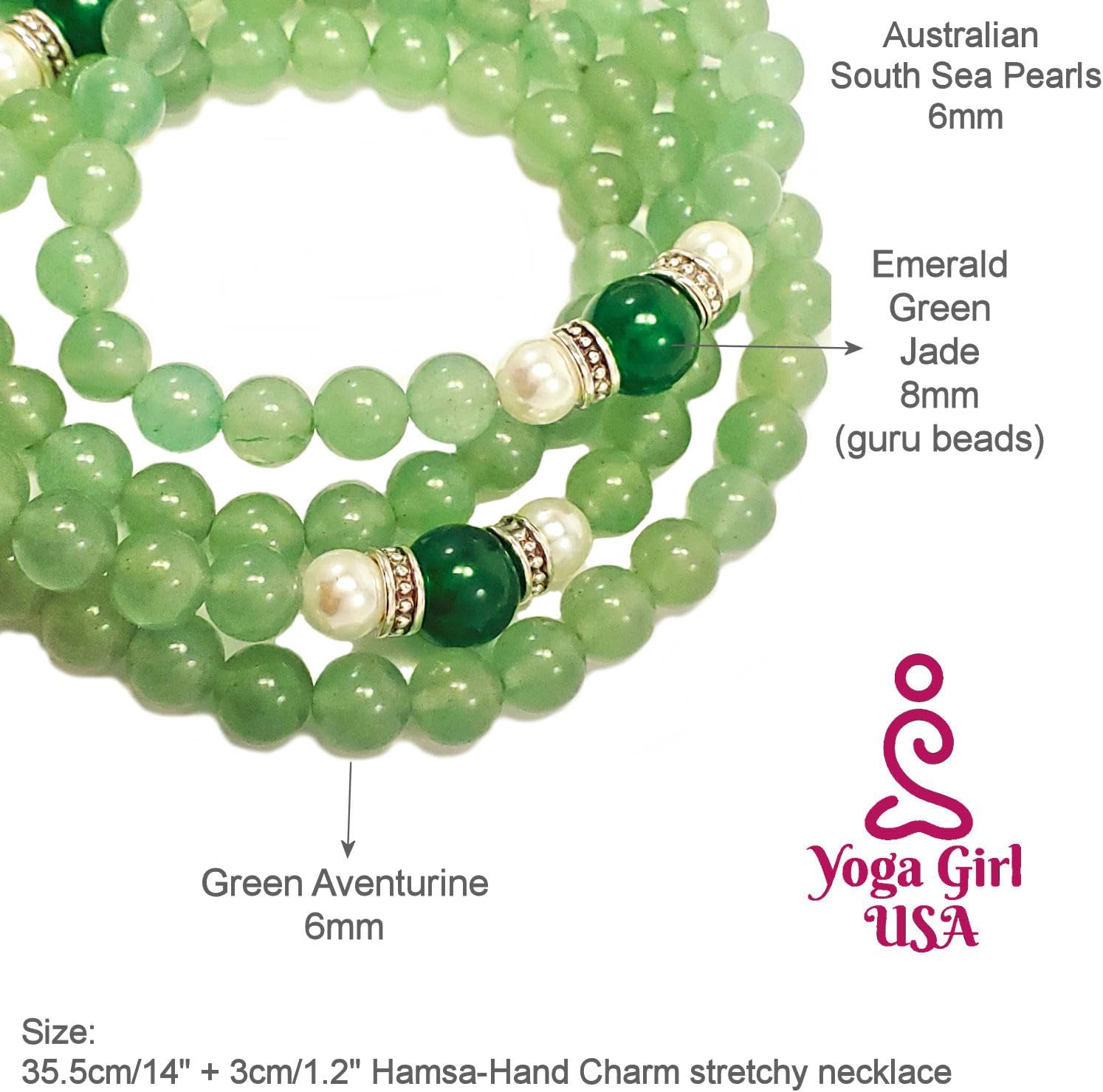 Green Aventurine & Emerald Jade 108 Mala Beads – 6 and 8mm Natural Stones Necklace or Wrap Bracelet with Hamsa Pendant – U.S. Handcrafted Jewelry