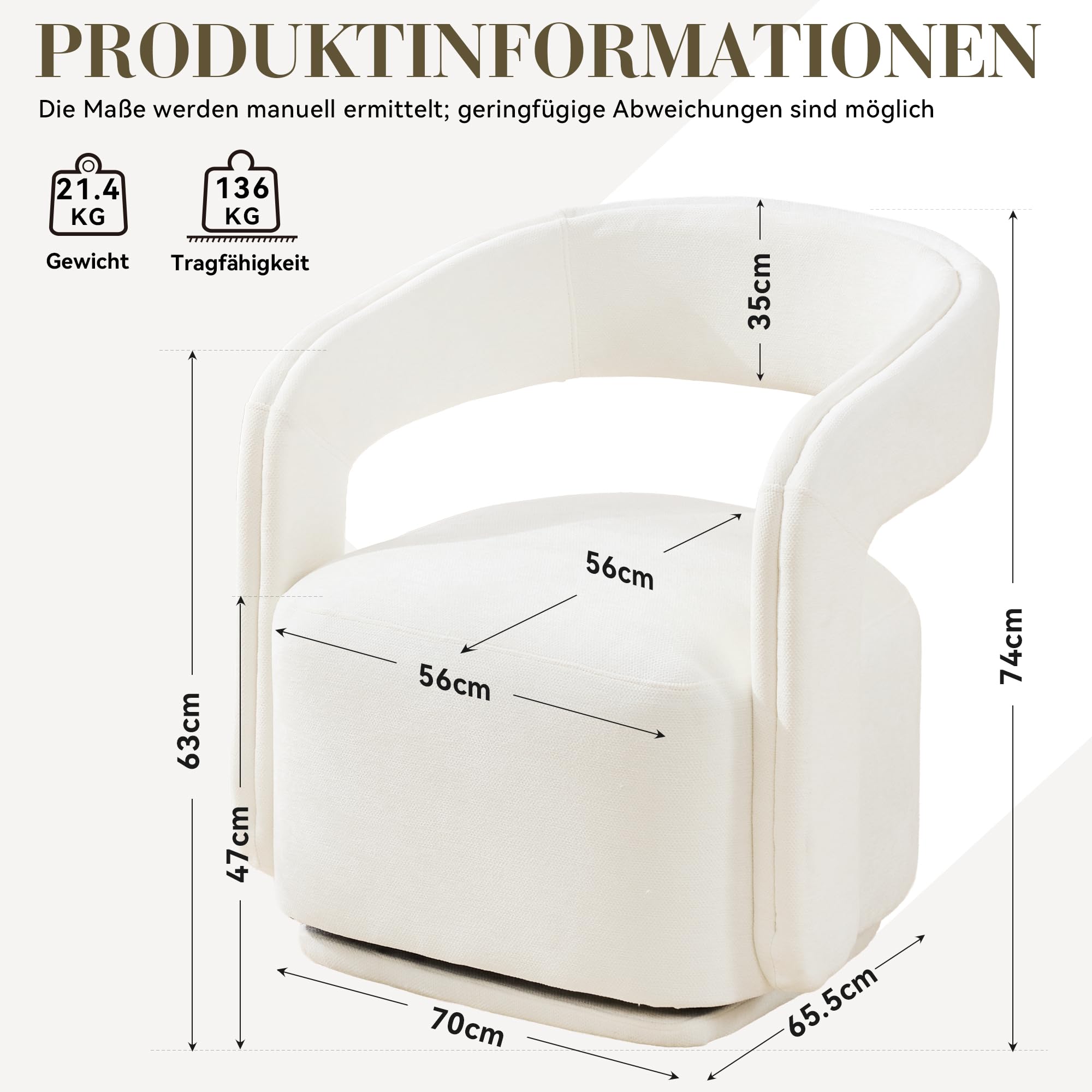 DEKKETO 360° Drehbarer Polstersessel, Chenille Lounge Sessel mit Großer Sitzfläche und Geschwungener Rückenlehne, Moderner Drehsessel für Wohnzimmer, Schlafzimmer, Weiß