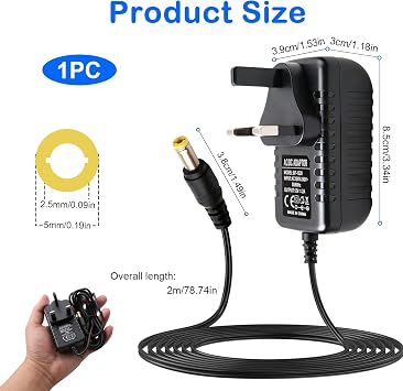 12V 2A Power Adapter for Yamaha Keyboards, Replacement Charger