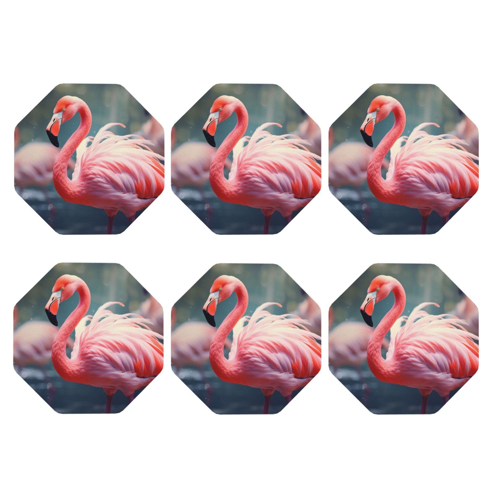 6pcs Leather Coasters for Drinks, Pink Flamingo Drink Coasters for Tabletop Protection, 4" Cup Coasters for Coffee Table Decor, Non-Slip Drinking Cup Mat for Hot Or Cold Drink