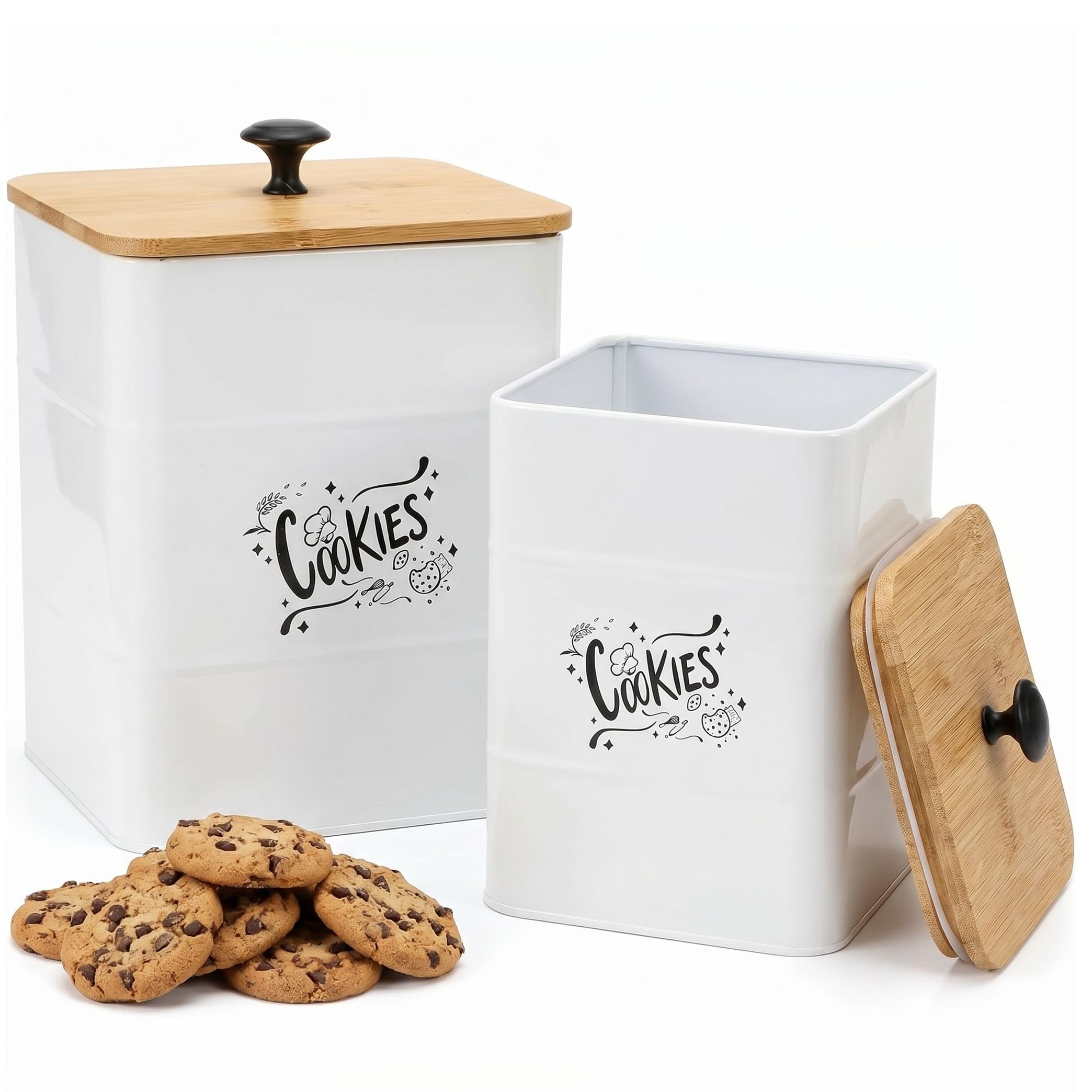 Goaste 2 Sizes Metal Cookie Jars with Lid, 101 & 54 OZ White Candy Cookie Tins, Decorative Food Storage Containers, Vintage Cookie Canister with Wide Opening for Kitchen Counter, Pantry, Gift Giving