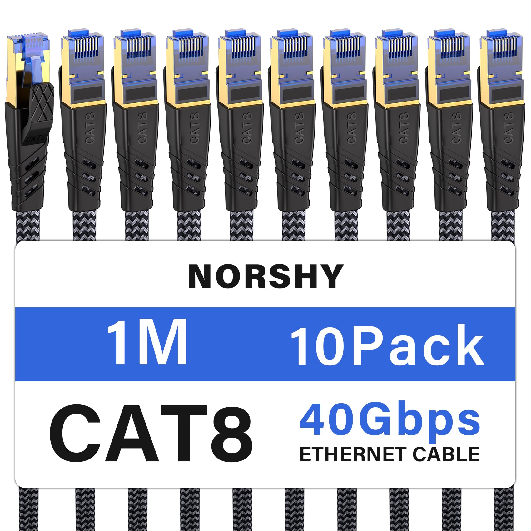 NORSHY Cat 8 LAN Kabel 1m (10-Stück), 40Gbps Netzwerkkabel 2000MHz Gigabit Hochgeschwindigkeits Internetkabel, Flach S/FTP RJ45 Kabel Geflochtener Patchkabel für PS5/PS4, Switch,TV, Modem,Router