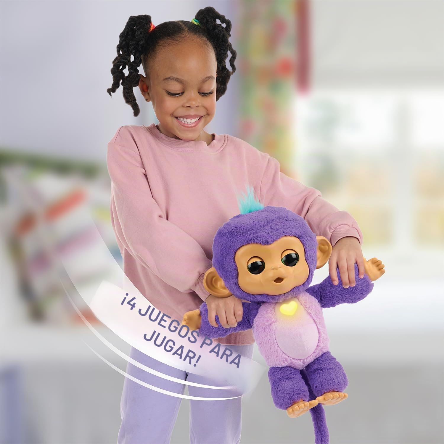 Fingerlings Care 'n' Cuddles - Mono bebé Interactivo, Sunny (púrpura), Juguetes para niños de 3 años, más de 150 Sonidos y reacciones, corazón se Ilumina