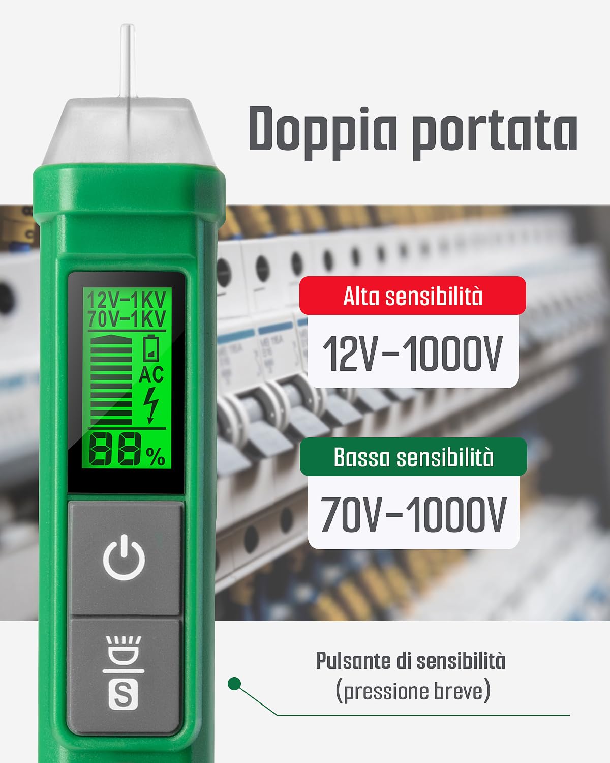 Penna Rilevatore di Tensione, Cercafase, TESMEN TN-213 Tester di Tensione senza Contatto, Elettrico, AC 12V-/70V-1000V, Dual-Range, Display LCD in Percentuale, torcia, Allarme Cicalino - Verde