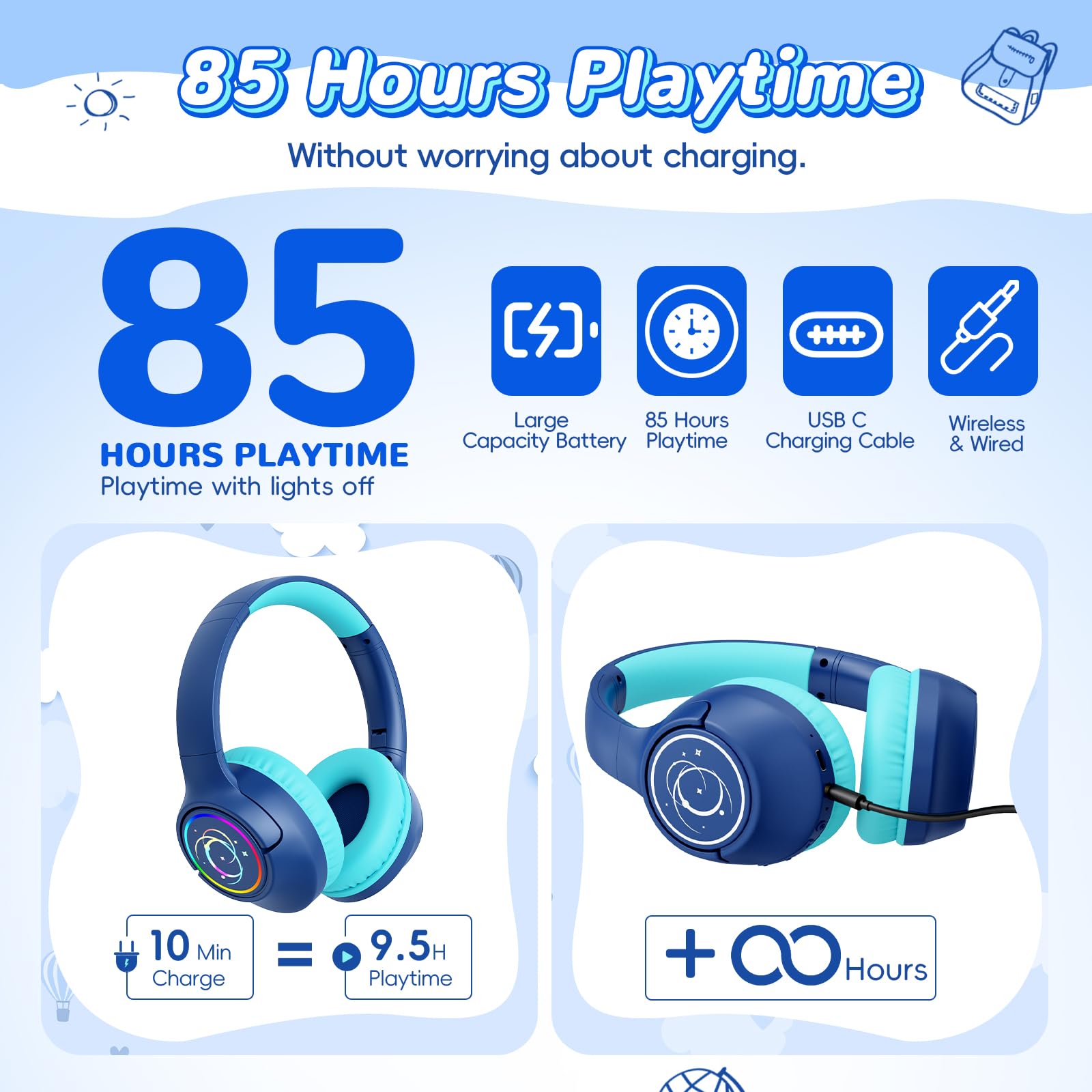 Auriculares Bluetooth para niños, 85 horas de reproducción, inalámbricos, luces LED coloridas, límite de volumen seguro de 85/94 dB, Bluetooth 5.4, micrófono integrado, auriculares para niños pequeños