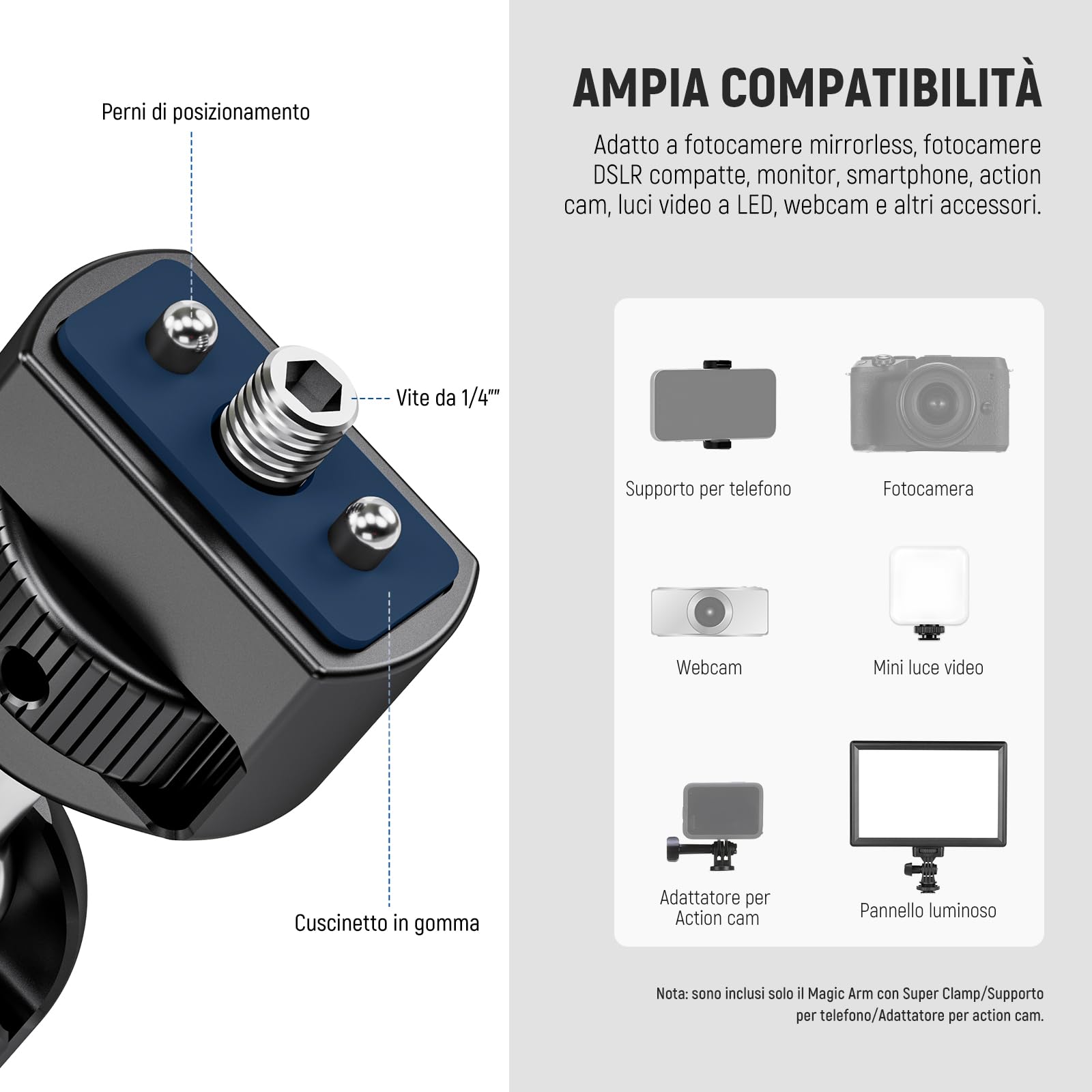 NEEWER 75cm Magic Arm Articolato con Super Clamp/Attacco Action Cam/Porta Telefono, Supporto Fotocamera da Tavolo Braccio Mic Boom Overhead, Compatibile con GoPro iPhone DSLR Webcam Mic Video, UA056