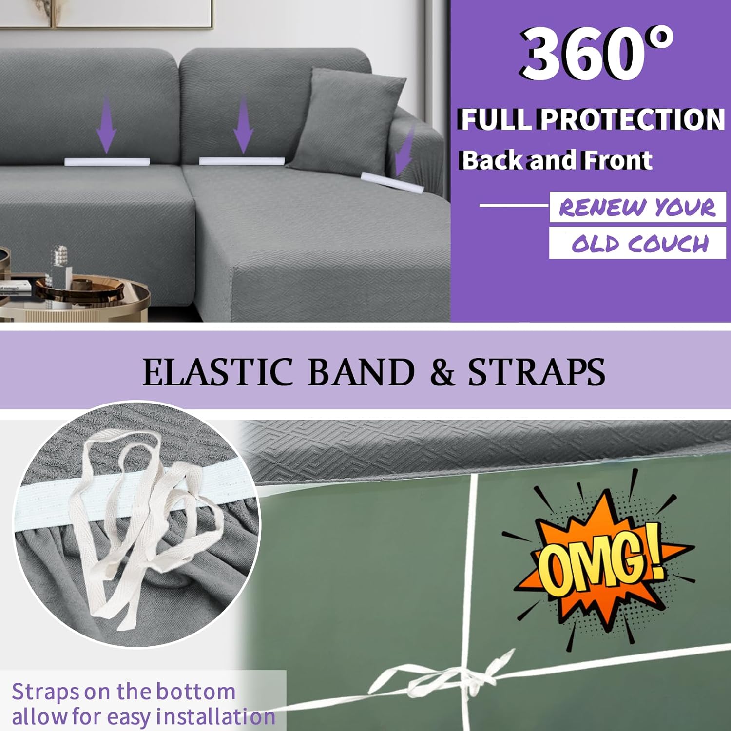 XINEAGE Sectional Couch Covers 3 Seat Couch and 3 Seat Chaise +3 Pieces Sofa Covers for 2 Extra Large Cushion Couch (Light Gray)