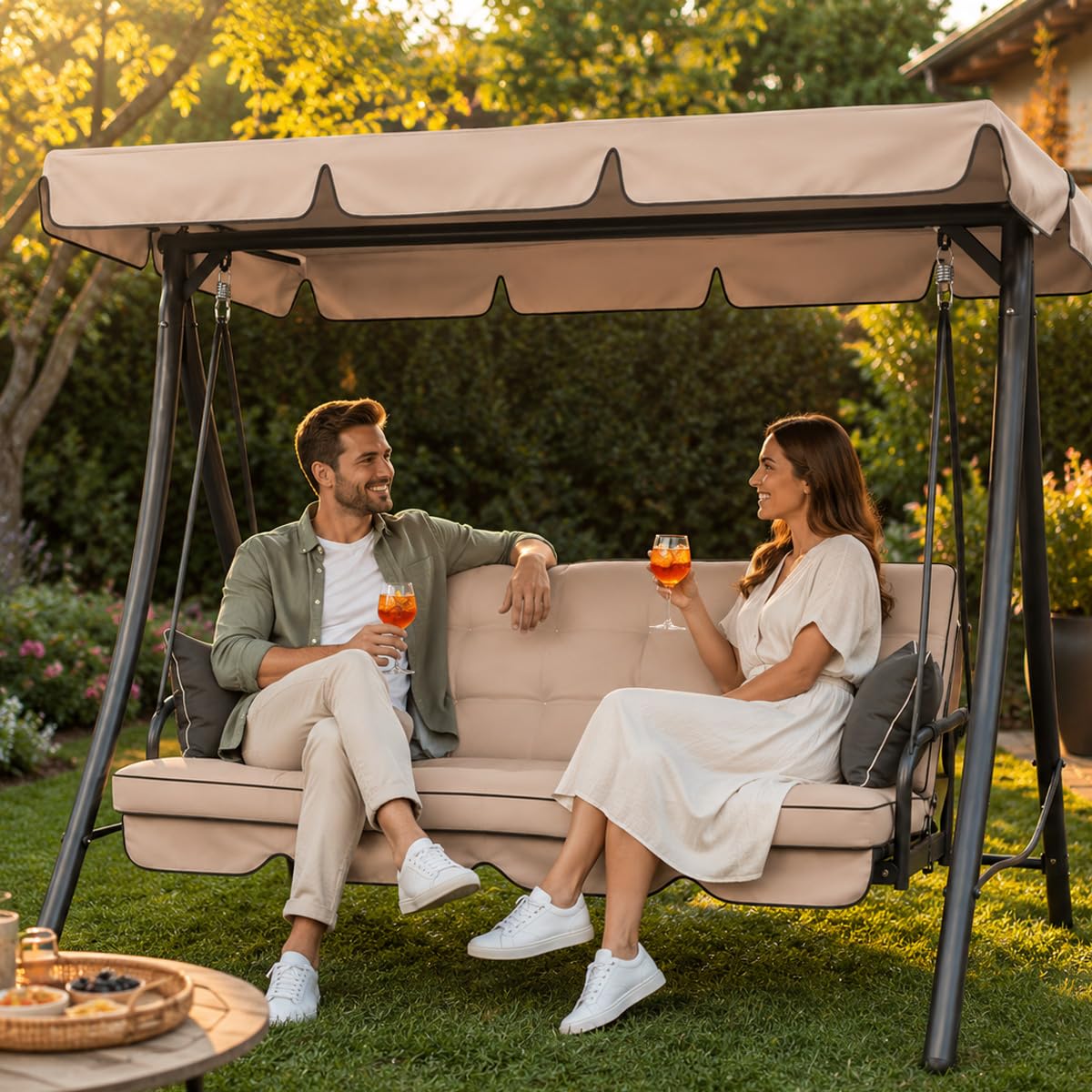 Letto Da Giardino 3 Posti Beige Panama Schienale Reclinabile Tetto Parasole Regolabile Set Cuscini 203 x 115 x 170 cm