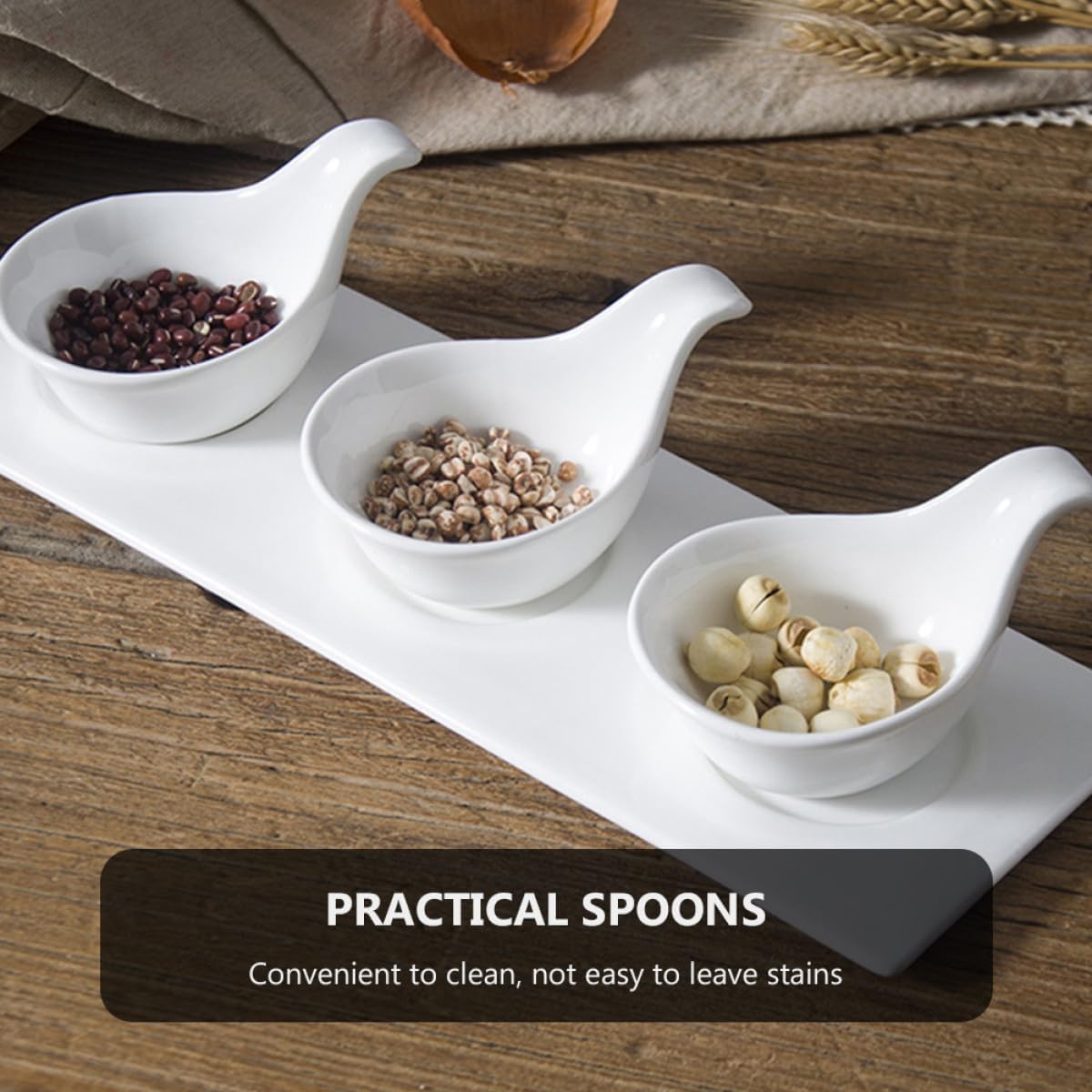 DOITOOL Ceramic Sauce Spoons and Appetizer Plates Set, Large Handle Saucier Spoons for Caviar and Dipping Sauces, Kitchen Dining Entertaining Tableware for Catering and Home Use, 4pcs