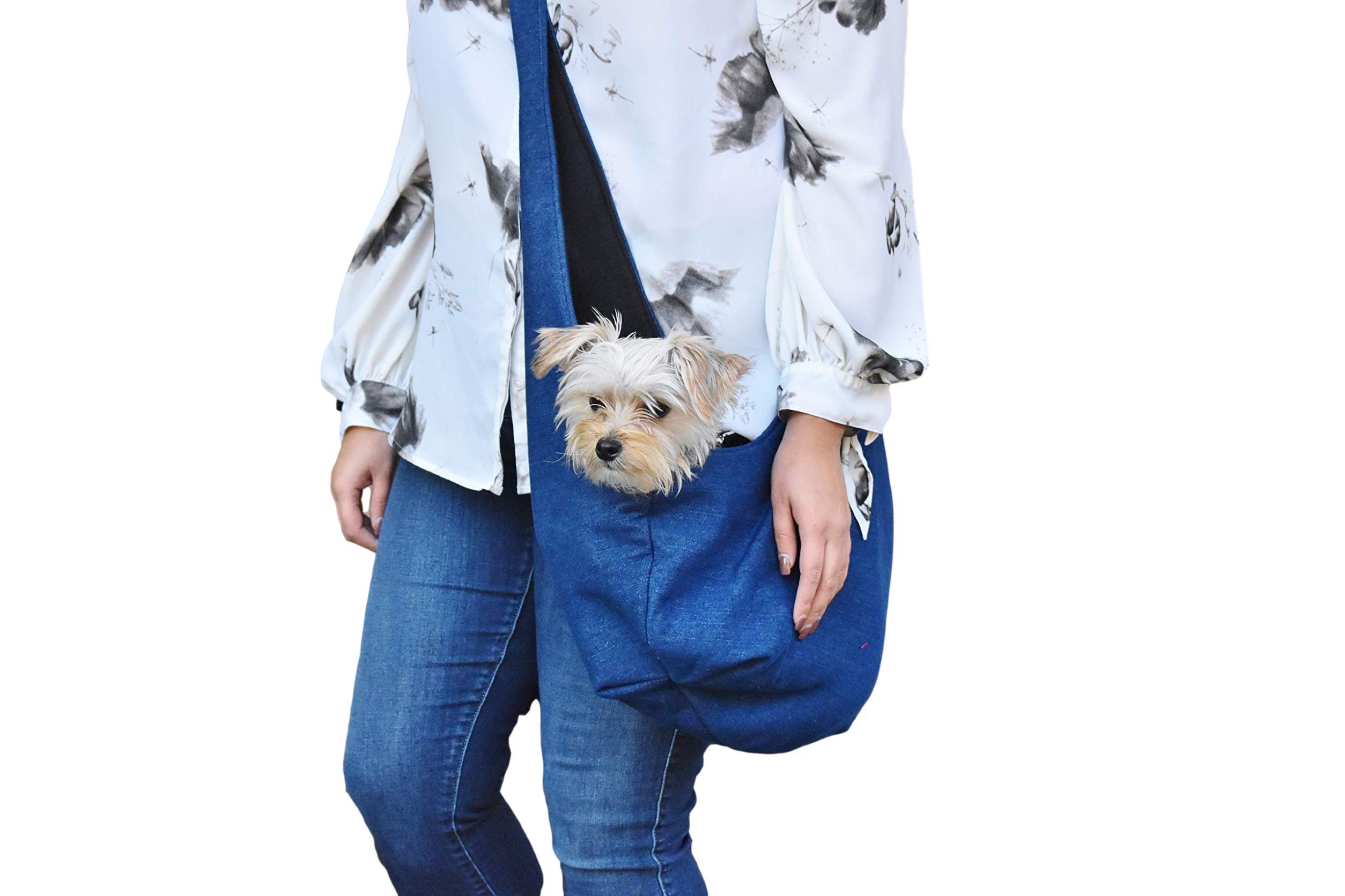 Adjustable Small DOG Cat SLING Pet CARRIER in Blue Denim with a Cozy Warm Plush Interior for a Pet Lover Gift