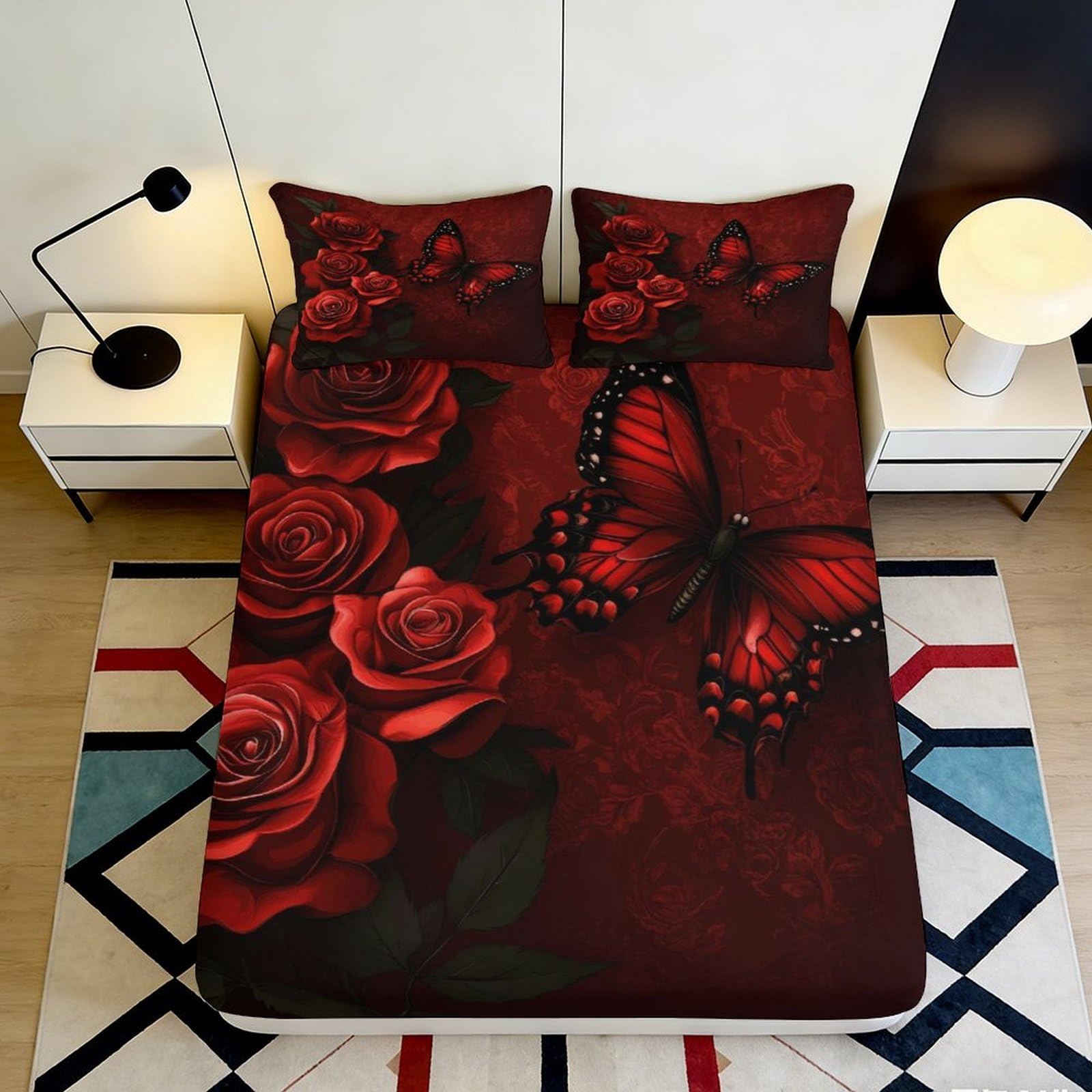 3D Printed Red Rose Fitted Sheet Microfiber Butterfly Mattress Cover Soft Washable for Bedroom Guest Room Decor 90x200x25cm
