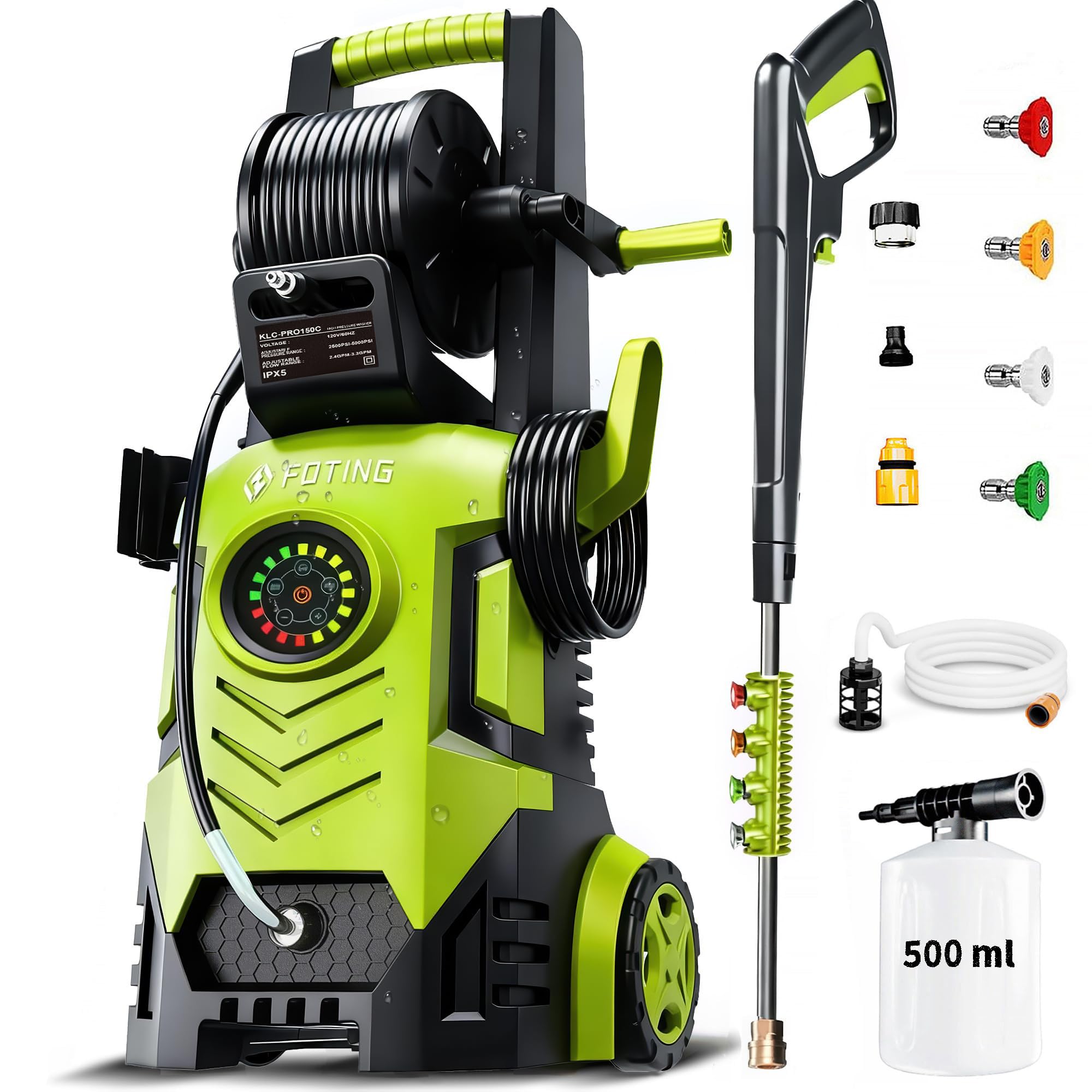 2026new Pressure Washer 5000PSI with Adj-8-Level Touch Screen, 34" Tall Power Washer, 4 Quick Connect Nozzles, Inlet Hose&Filter&500mlFoam Cannon for Cars/Fences/Driveways,Yellow