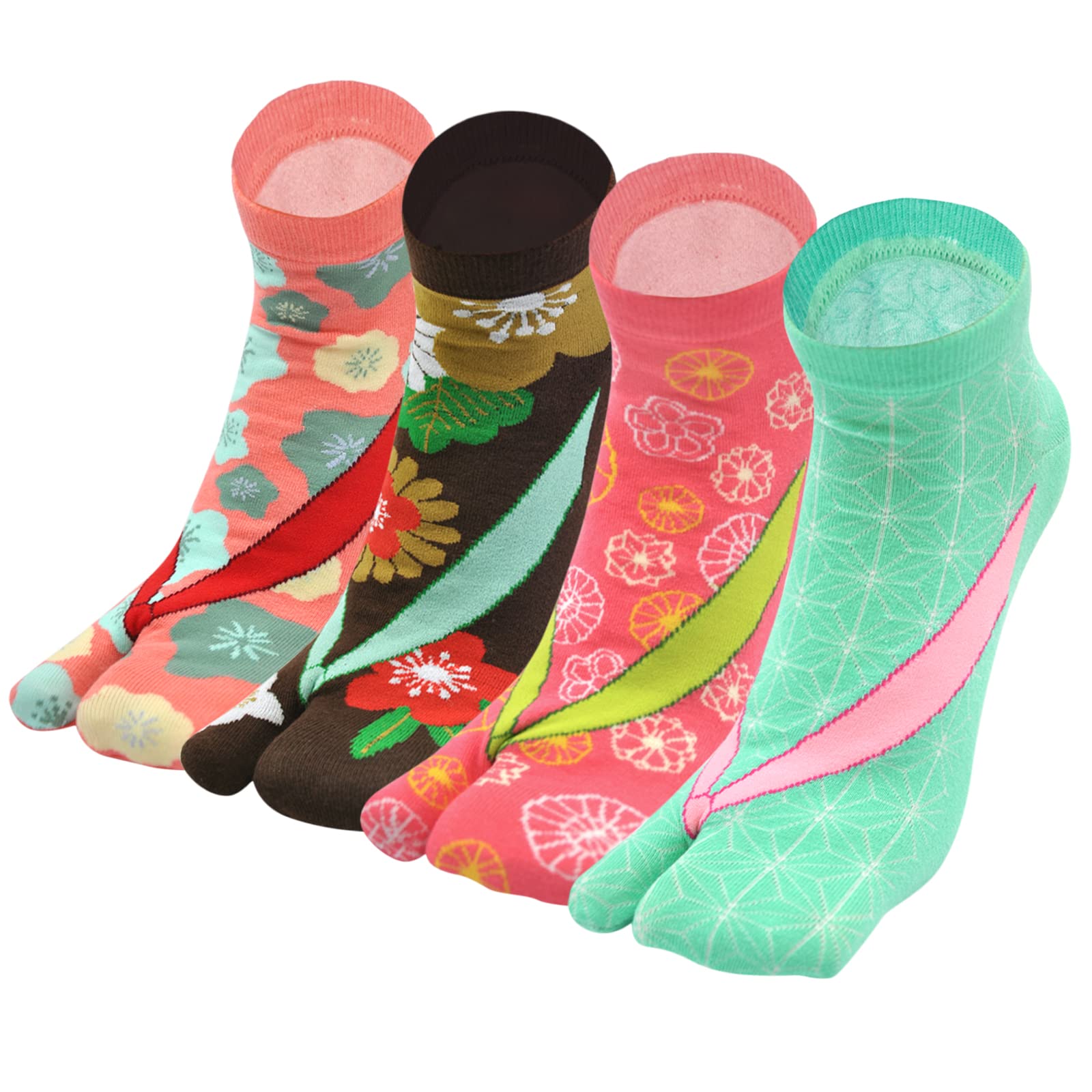 PUTUO Flip Flop Tabi Socks: Women Split Toe Socks Cotton Japanese Geta Socks Ladies Novelty Two Toe Socks with Funny Pattern, Size 4-9, 4 pairs